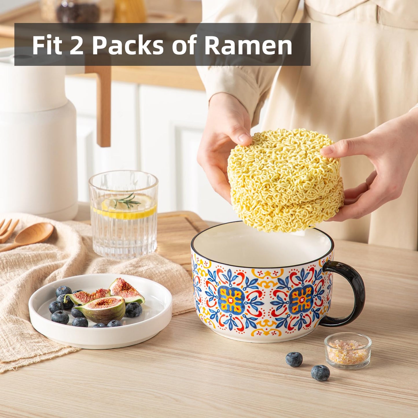 Chubacoo Soup Bowl & Sandwich Plate Combo: 38 oz Ceramic Ramen Bowl Microwave Safe - Extra Large, Big Handle, Ideal for Cereal, Salad, Pasta, Solo Dining, Breakfast, Afternoon Tea - Design C