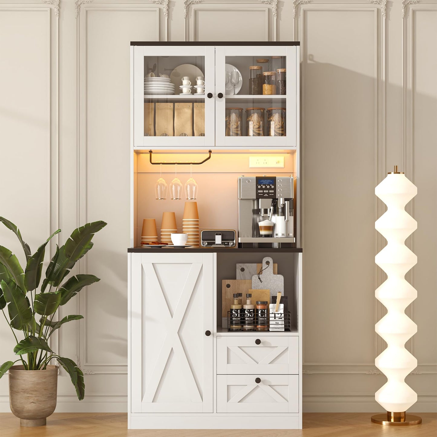 CBBPET 71" Tall Coffee Bar Cabinet with Storage Hutch, Farmhouse Kitchen Pantry Cabinet with LED Lights Microwave Stand and Glass Holder for Home Dining Room Kitchen,White