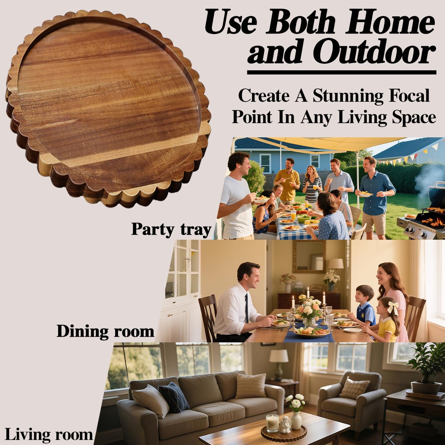 Prylenza 11.8 Inch Round Acacia Wood Decorative Tray for Coffee Table - Unique Scalloped Edge Design, Ideal Wooden Centerpiece Trays for Kitchen, Dining Room, Living Room and Home Decor