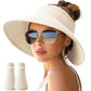 NPJY Sun Hats for Women Wide Brim Roll-Up Beach Ponytail Hat Packable Foldable Travel Straw Visor