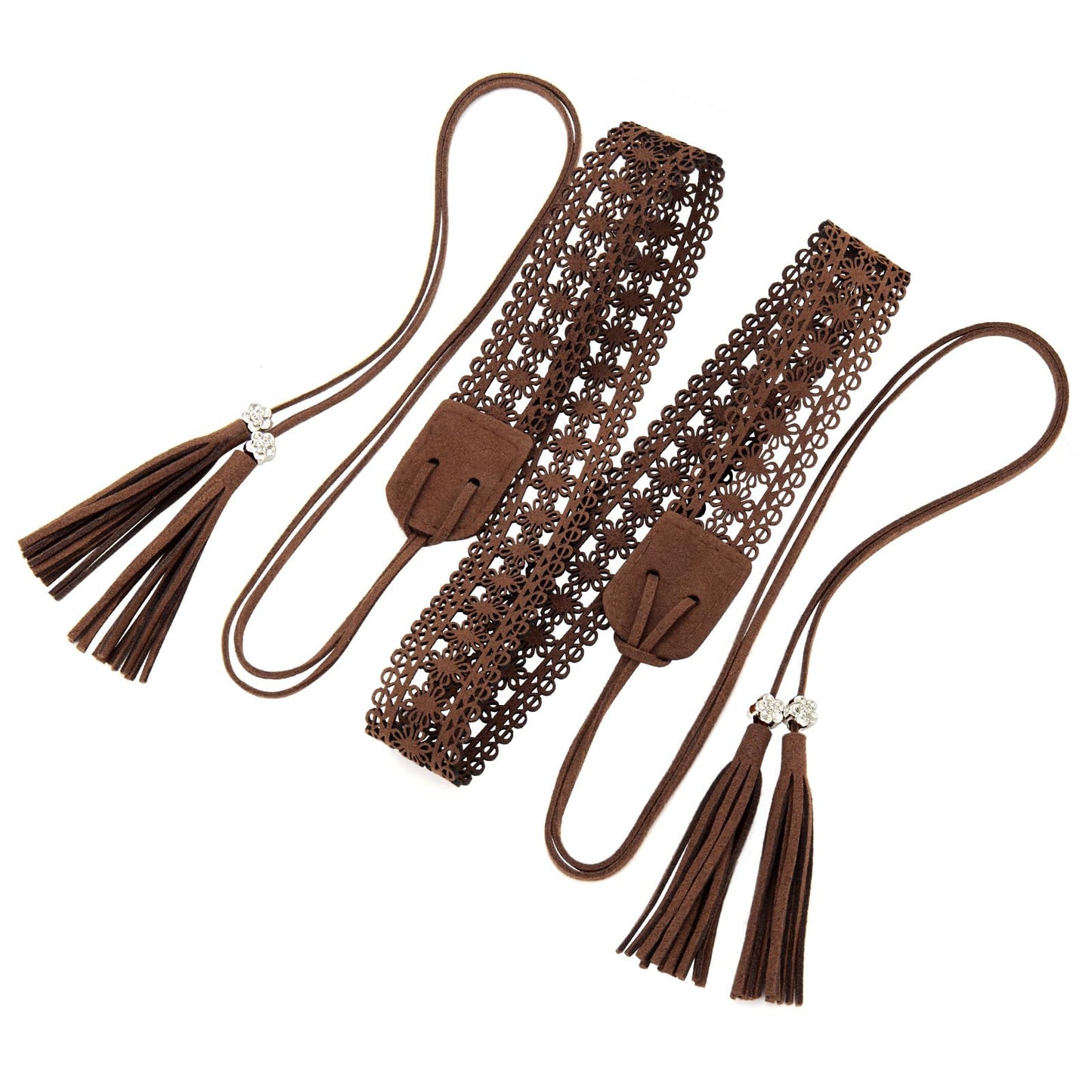 WHIPPY Boho Braided Tassel Belt for Women Western Ethnic Dress Belts Cowgirl Vintage Hollow Floral Waistband with Wax Rope