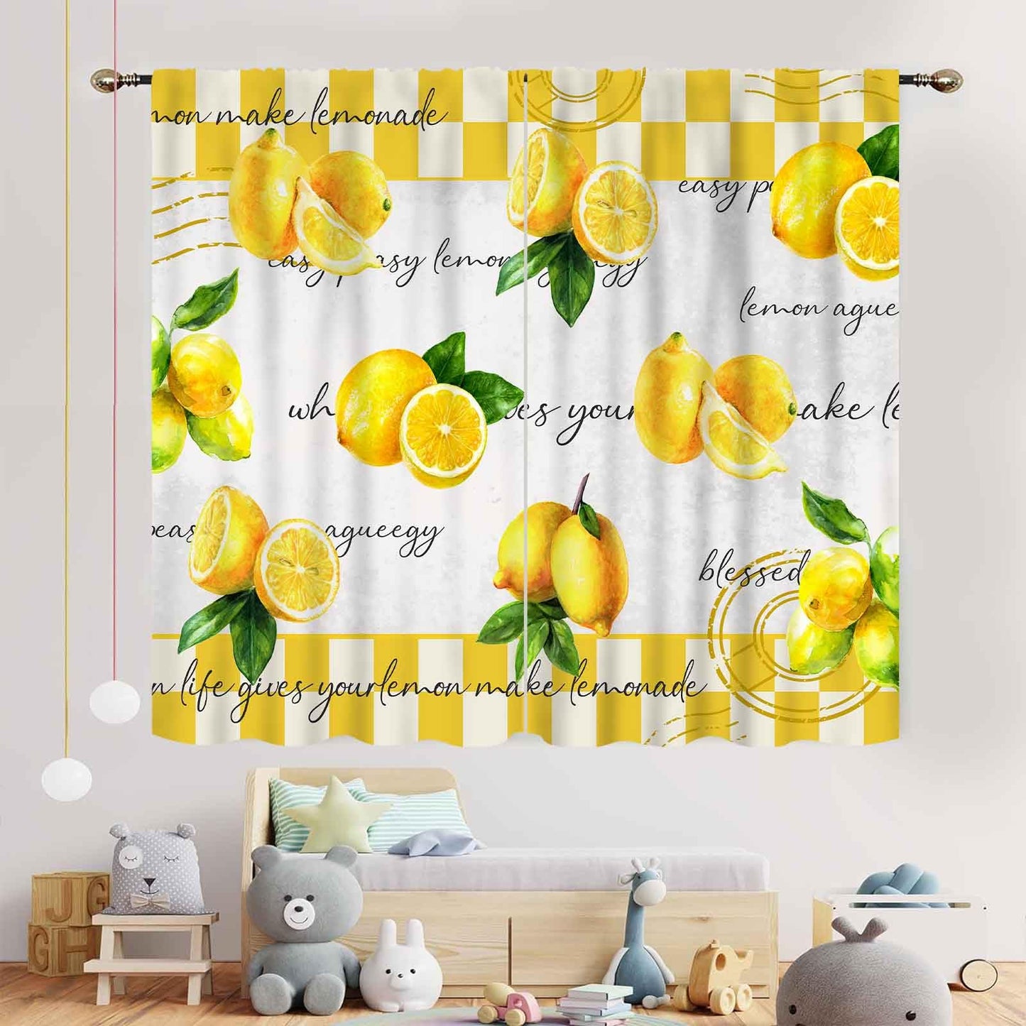 TKUYO Yellow Lemon Kitchen Curtains, Vintage Retro Summer Spring Seasonal Fruit Yellow Checkered Window Drapes Treatments for Living Room Bedroom Bathroom Cafe 2 Panels, 63"x72" Inch