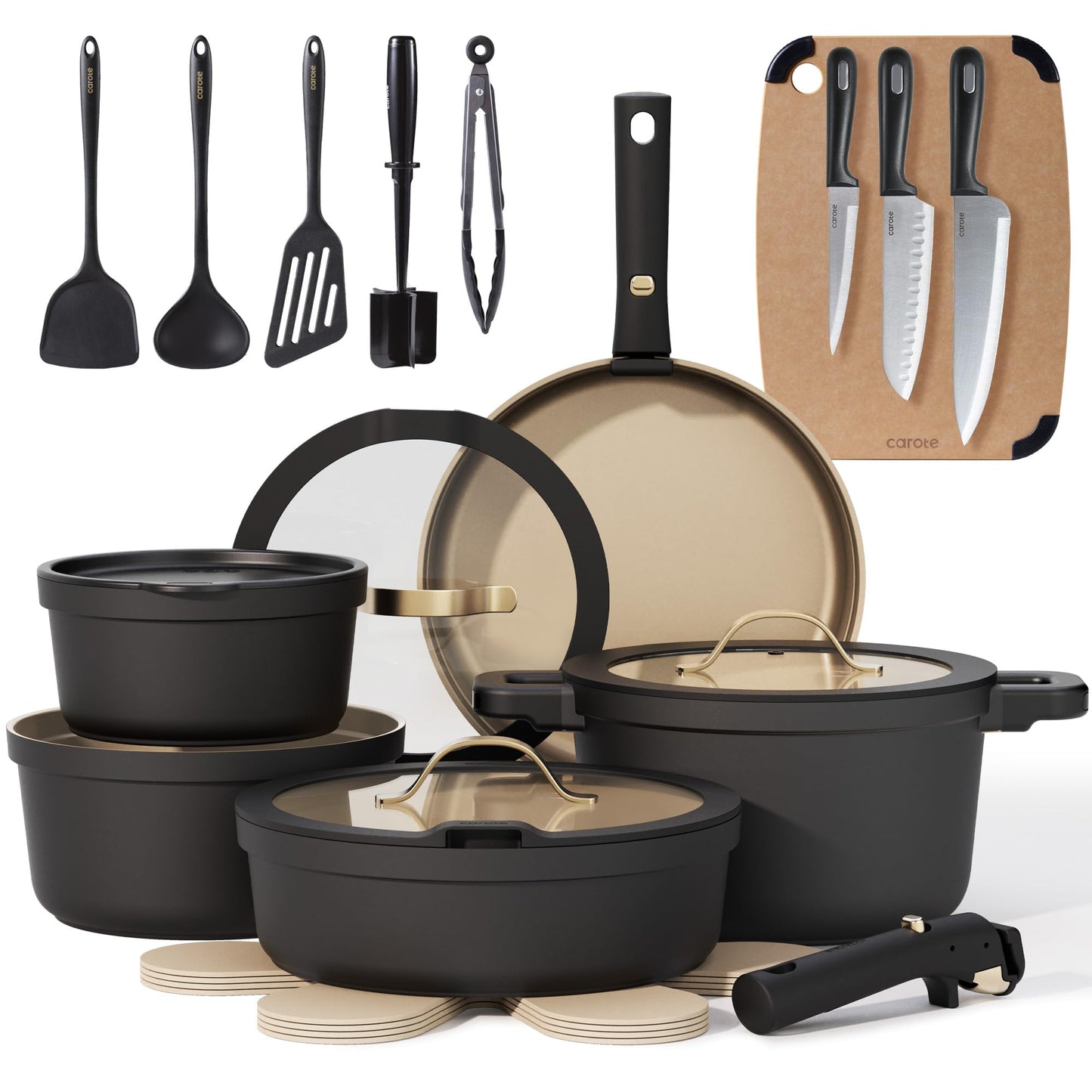 CAROTE 26pcs Pots and Pans Set Non Stick with Knives and Cutting Board,Detachable Handle Titanium Nonstick Cookware Set, Pot and Pan, Dishwasher/Oven Safe, RV/Camping, Induction Kitchen, Black/Yellow