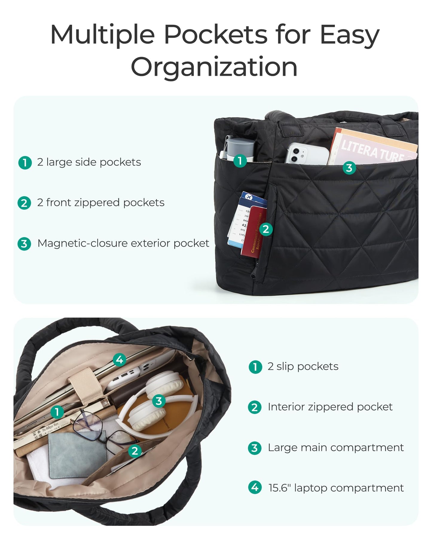 BAGSMART Tote Bag for Women, Puffy Tote Bag with Zipper, Large Quilted Shoulder Bag with Compartments for Travel, Work, Gym (Black)