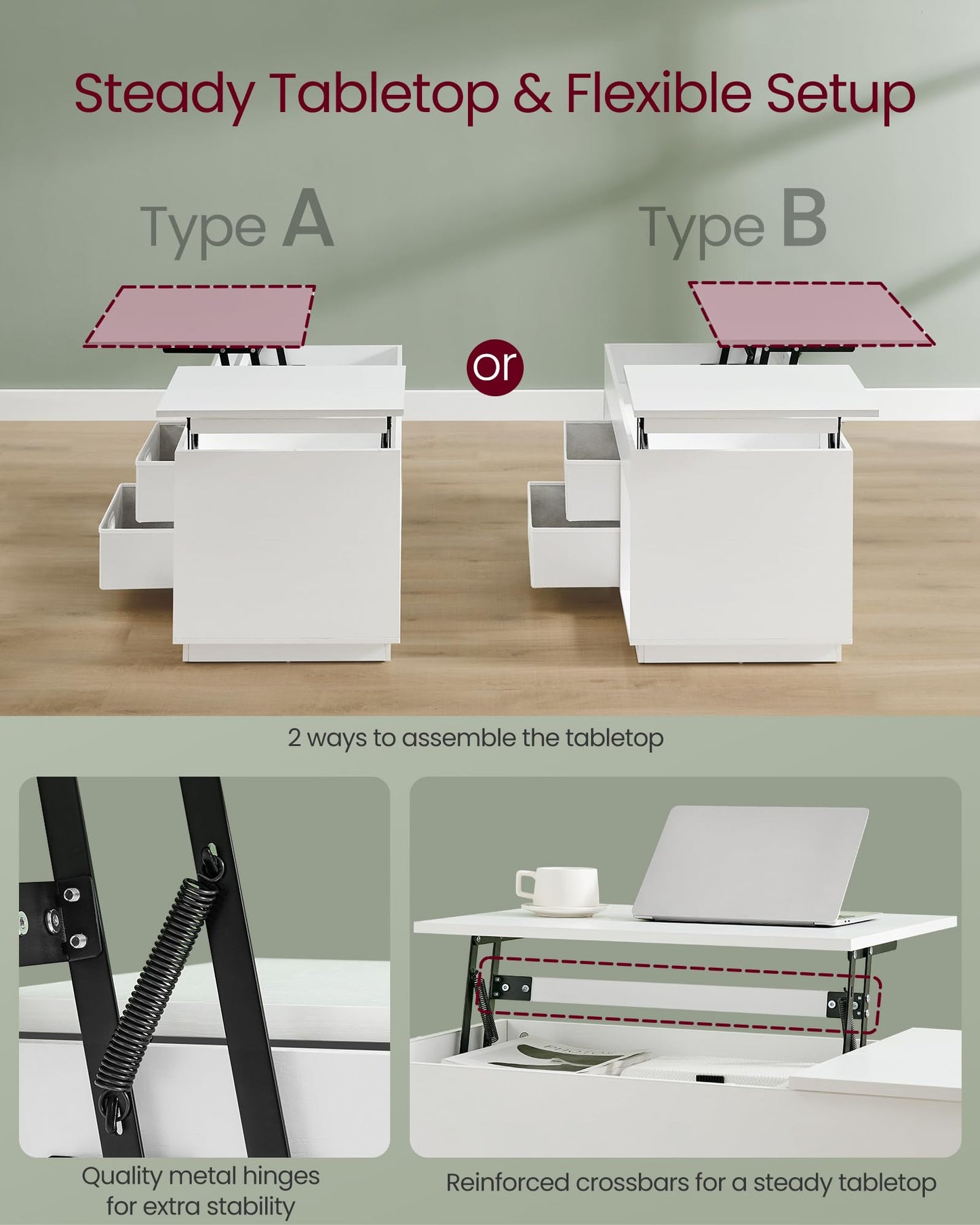 VASAGLE Coffee Table, Lift Top Coffee Table with 2 Drawers and Hidden Compartments, Center Table with Lift Tabletop, Open Compartments, for Living Room, Home Office, Snow White ULCT210W01