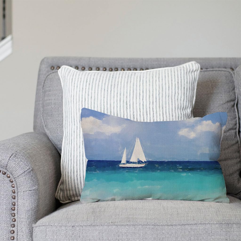PANDICORN Summer Beach Throw Pillow Covers 12x20 Inch Sea Ocean Sailboat Nautical Coastal Blue Outdoor Decorations Lumbar Decorative Throw Pillows Cases for Beach House Home Living Room Couch Decor