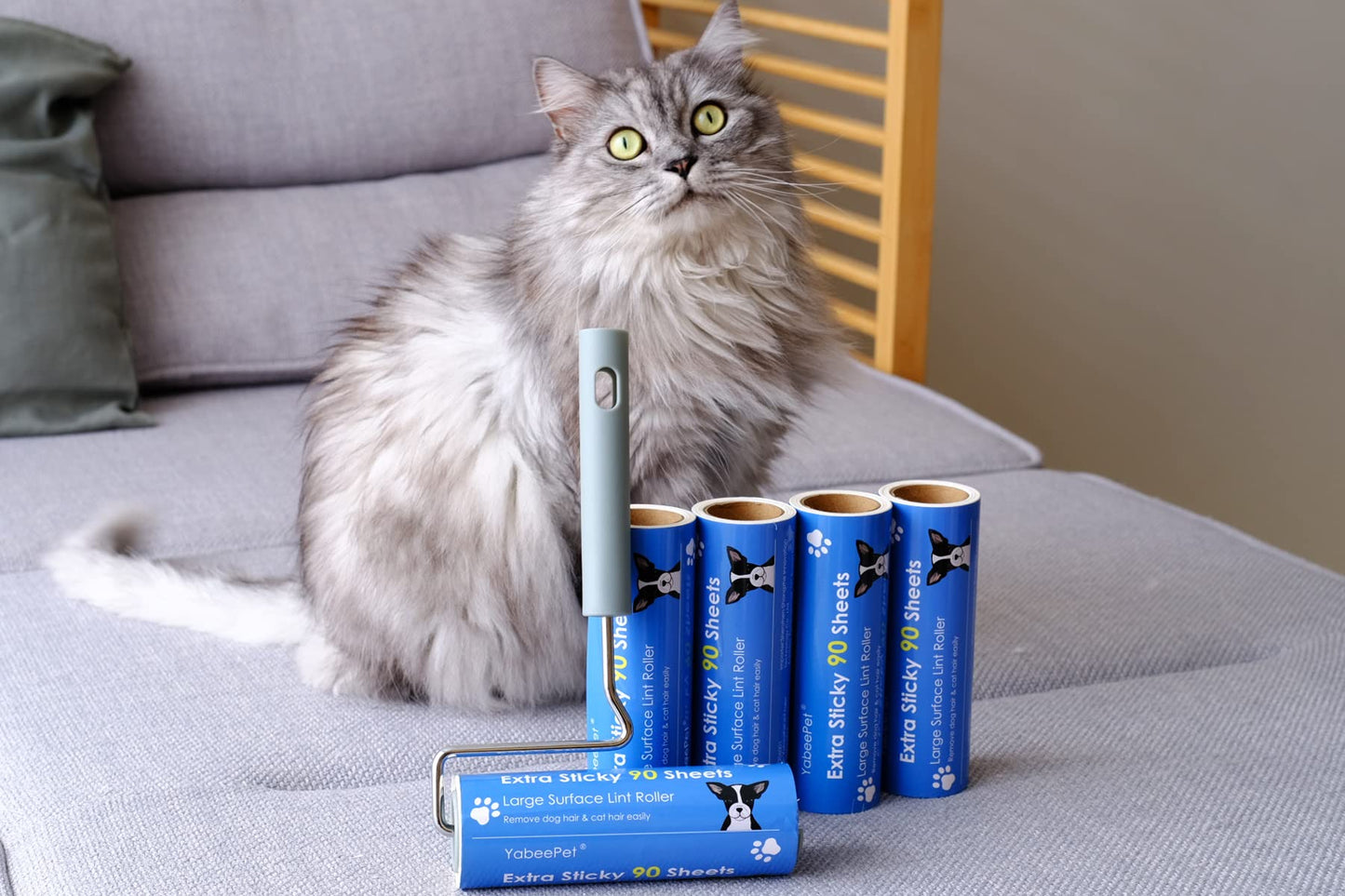 YabeePet Extreme Sticky Large Surface Lint Roller, 6.3'' Giant Pet Hair Remover Roller for Pet Dog Cat Hair, Clothes&Furniture Cleaning, 90 Sheets (1 Roller + 2 Refills)