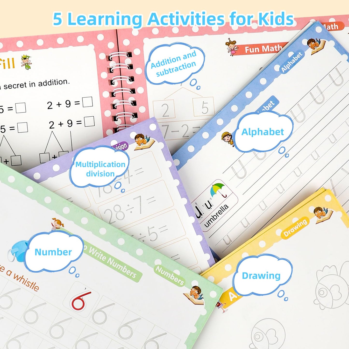 Large Handwriting Practice Books for Kids, Grooved Writing Book Magic Copybooks, Reusable Children's Writing Practice Workbook, Kindergarten Pre-School Essentials(Set of 5 Books)