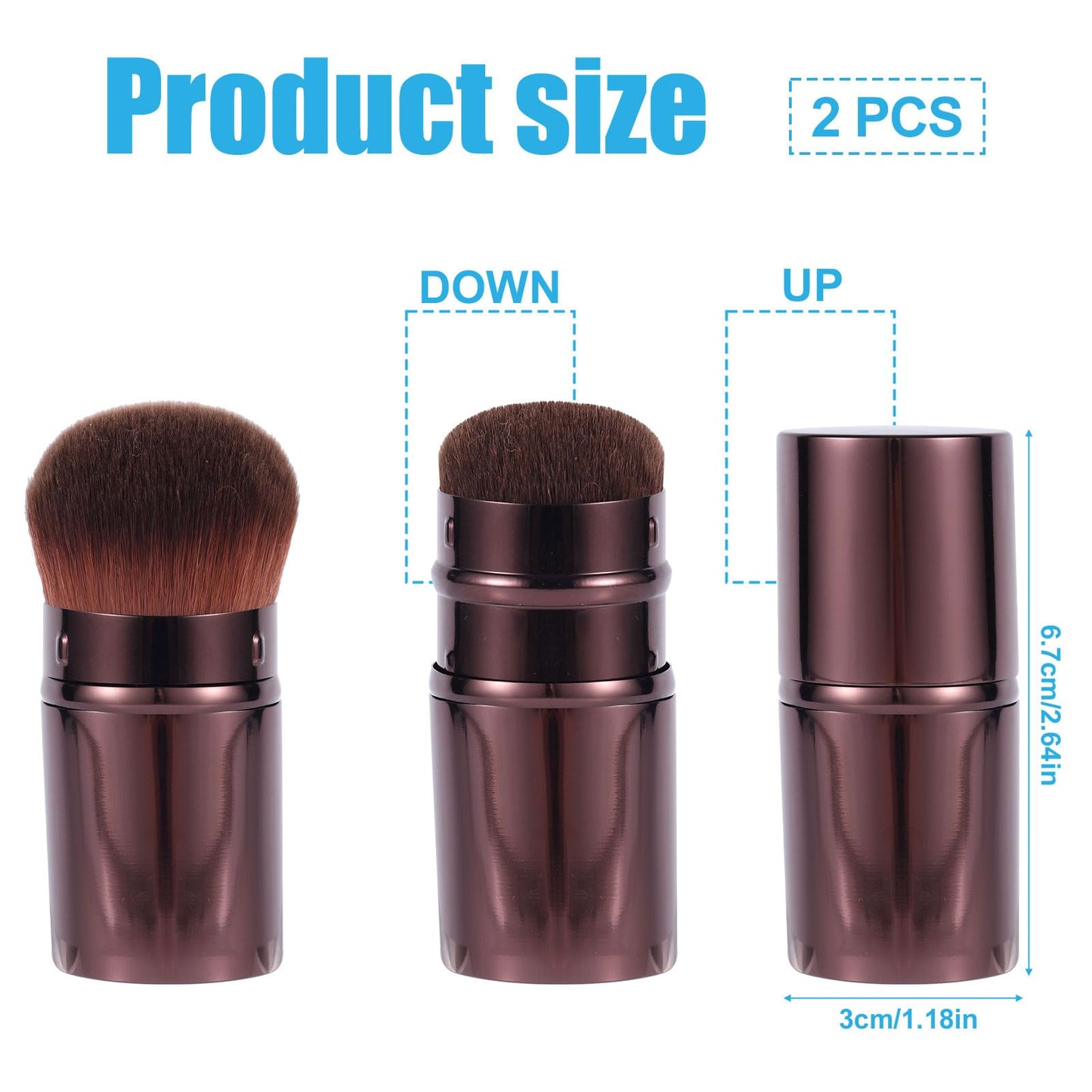 2pcs Travel Face Blush Brushes, Retractable Makeup Brush Portable Foundation Sunscreen Brush for Blending Cosmetics(Coffee + Three-Color Hair)