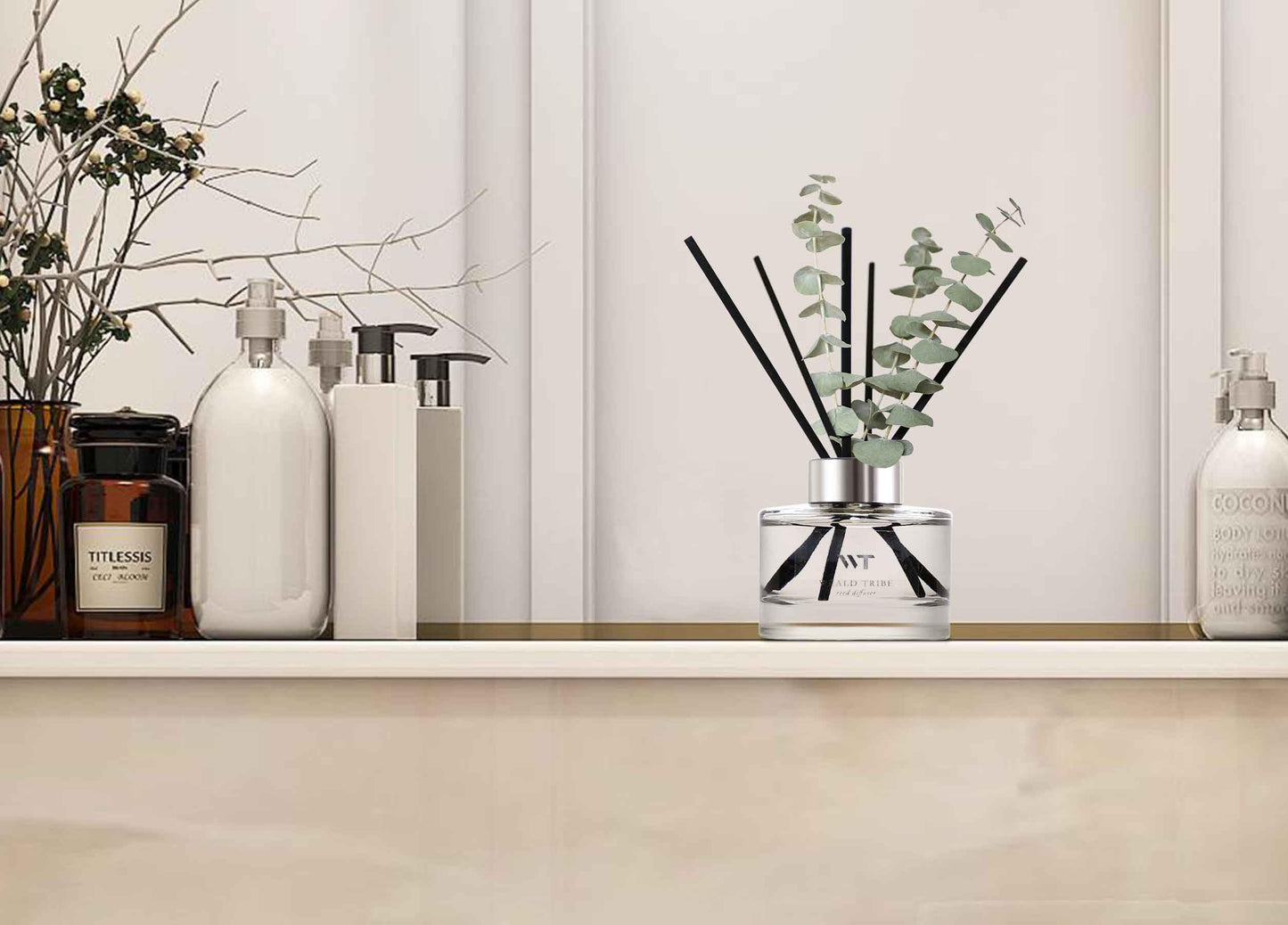 Flower Reed Diffuser Set Wild Eucalyptus Mint Scent for Bathroom Accessories Shelf Decor & Air Fresheners, Sticks Defusers with 5.1 fl oz Essential Oils & Leaves, House Bedroom Office Decor & Gifts