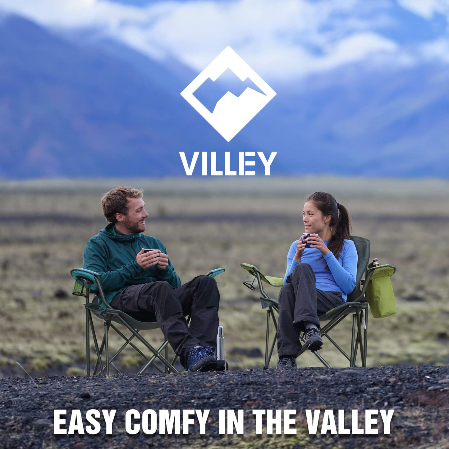 VILLEY Camping Chair, Oversized Folding Camp Chair, Portable Outdoor Chairs Support 400 LBS with Padded Seats, Cooler Bag, Cup Holder, Carry Bag, Blue