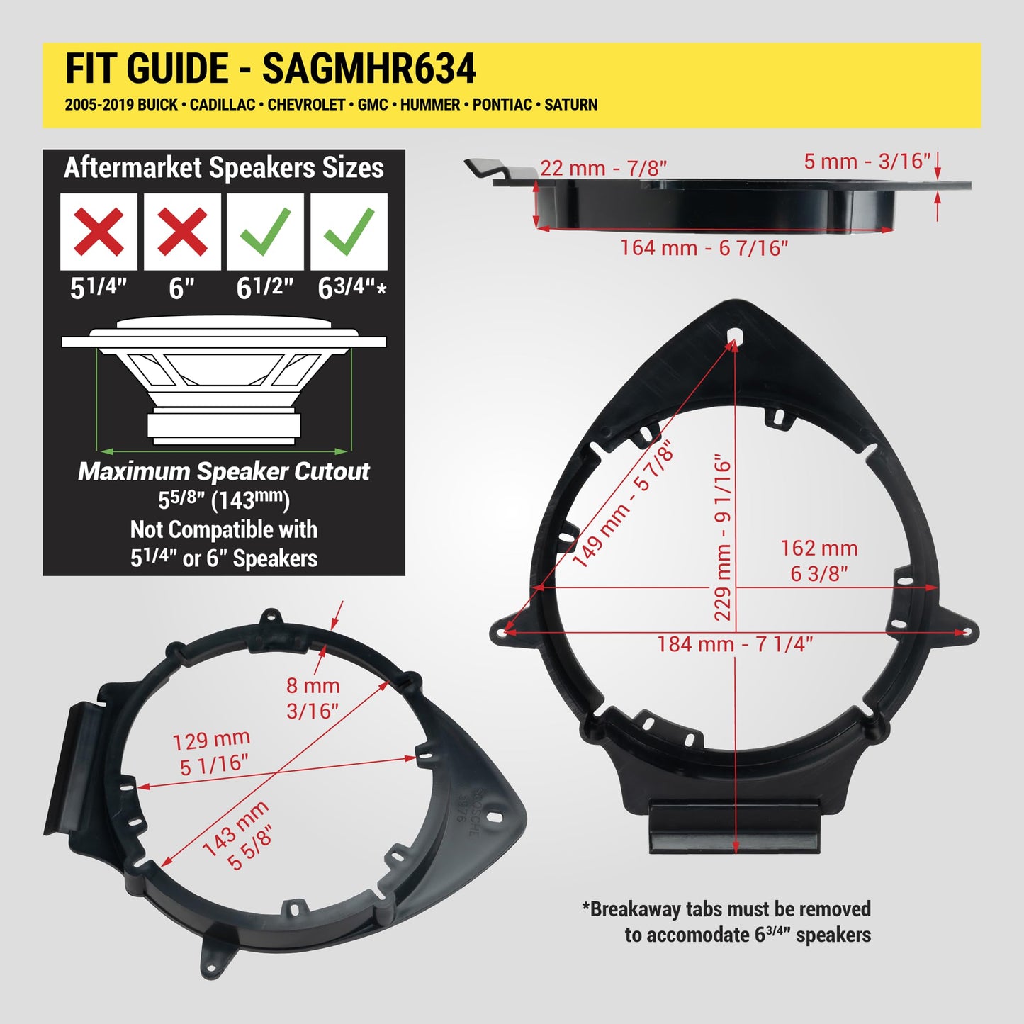 Scosche SAGMHR634 6.5”-6.75” Speaker Adapters Compatible with Select 2005-20 GM Vehicles - 6 1/2" to 6 3/4" Adapter Spacer for Car Door Speakers - Sold in Pairs - See Fit Guide in Image for Vehicles