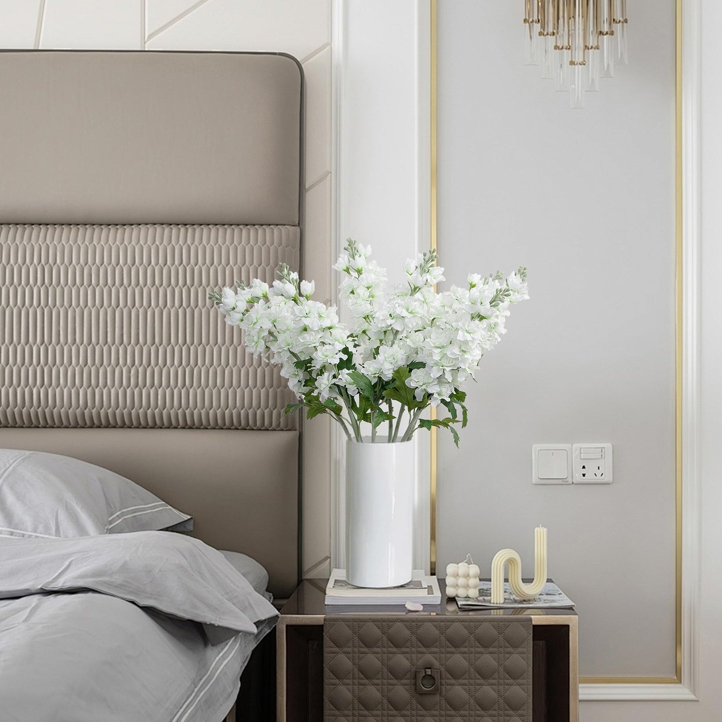 Fake Flowers Artificial Flowers Delphinium Fake Flowers 23.6” Long Stem Artificial Flowers for Tall Vase Silk Flowers for Home Decor Indoor Wedding Aisle Decoration Spring Flowers (White) 8Pcs