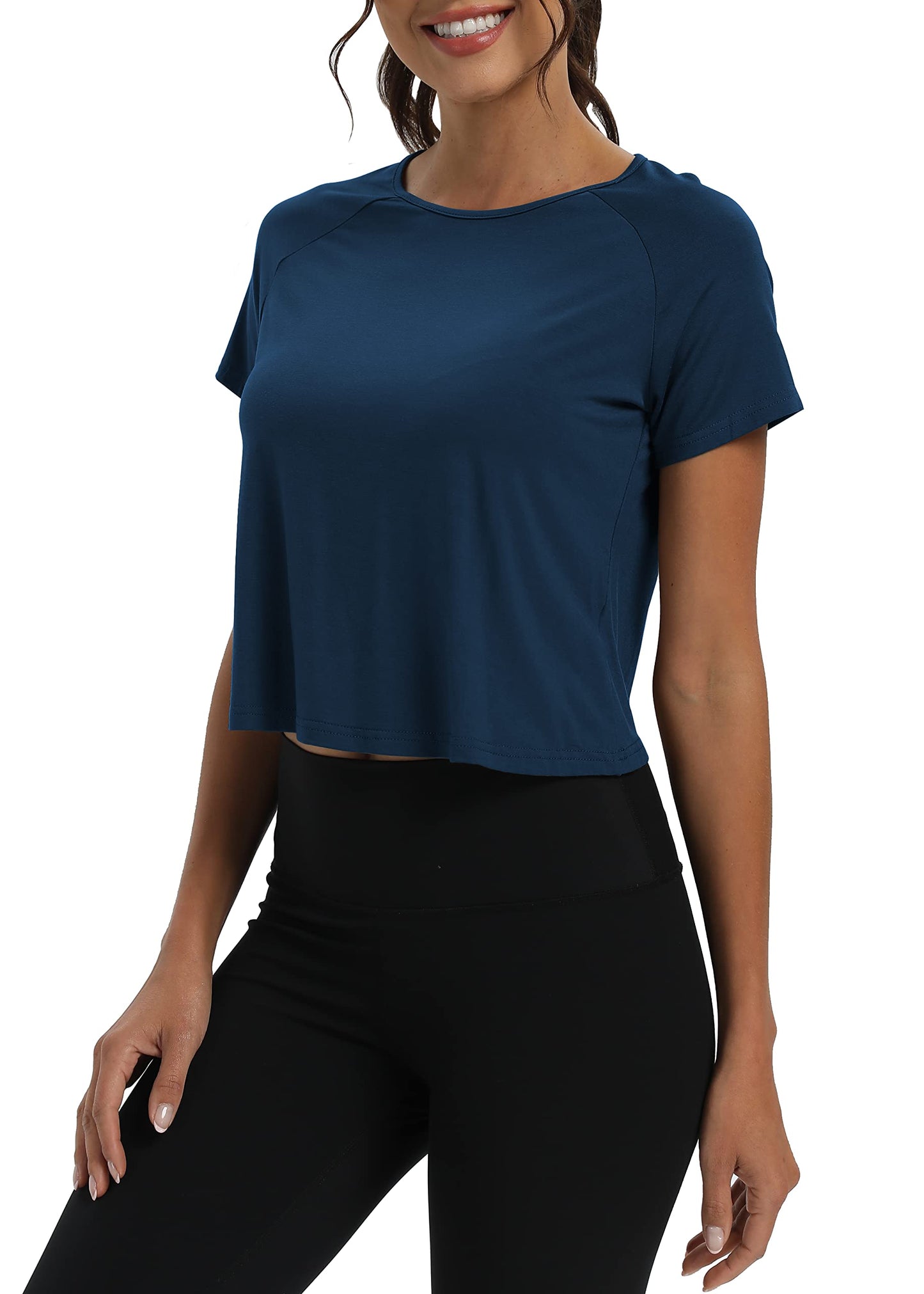Mippo Short Sleeve Athletic Tops Workout Shirts Exercise Clothes Gym Crop Top Tshirts for Women Loose Fit Navy Blue M