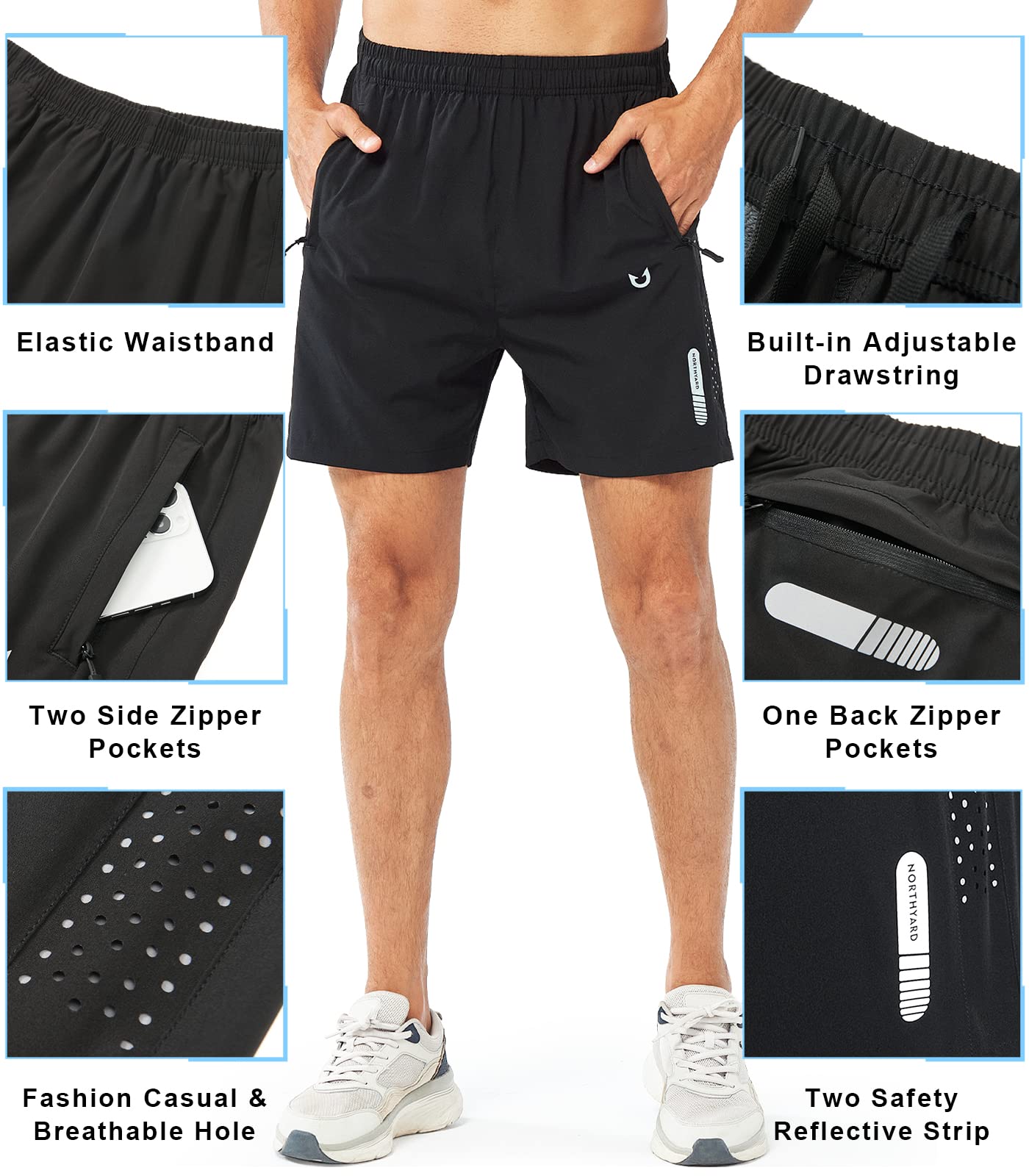 NORTHYARD Men's Athletic Running Shorts Quick Dry Workout Shorts 7"/ 5"/ 9" Lightweight Sports Gym Basketball Shorts Hiking Exercise Black-5inch L