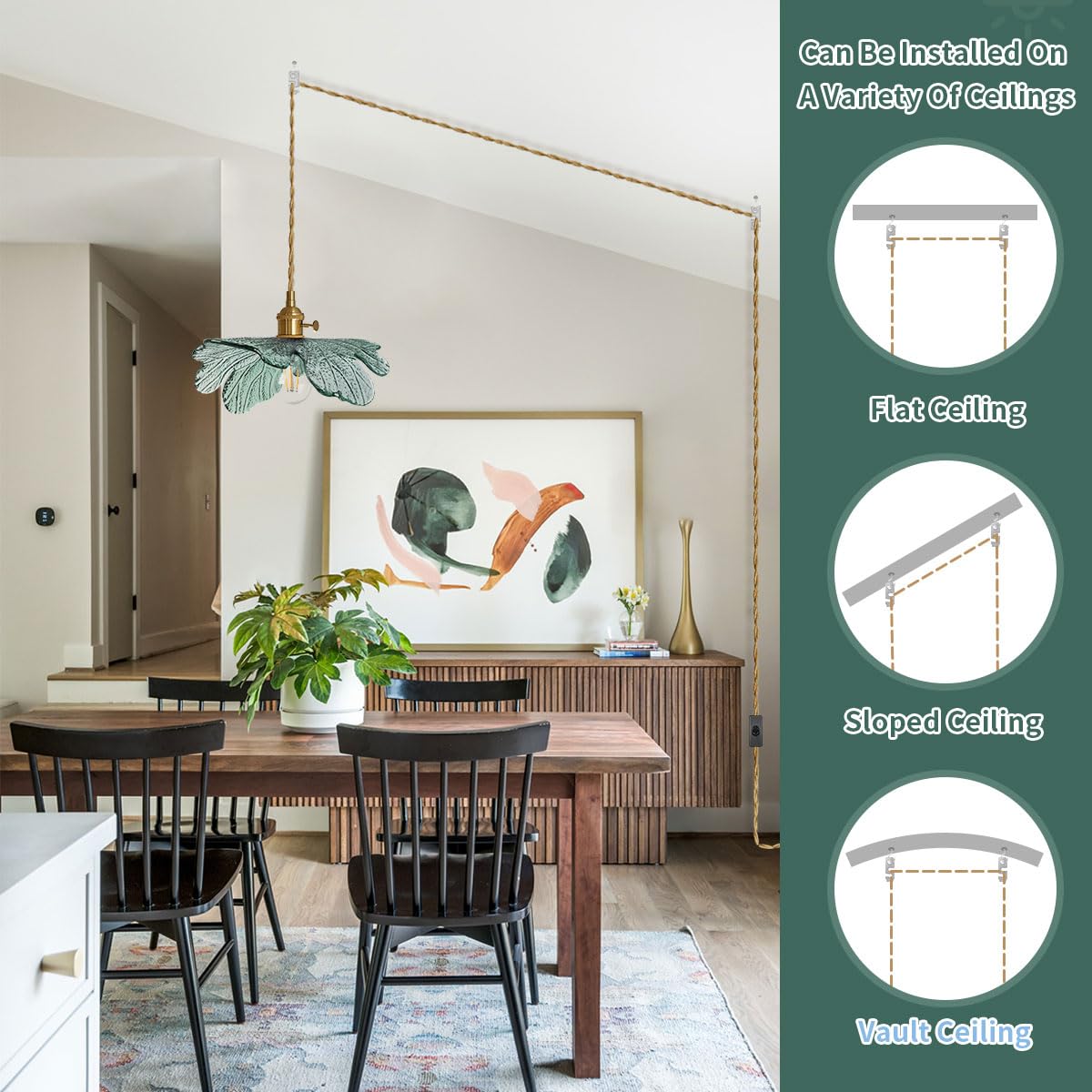 Plug In Hanging Light  Modern Brass Pendant Light Dark Green Glass Shade 14.75Ft Hanging Light With Plug In Cord Large Glass Pendant Light Plug In Pendant Lighting For Kitchen Living Dining Room