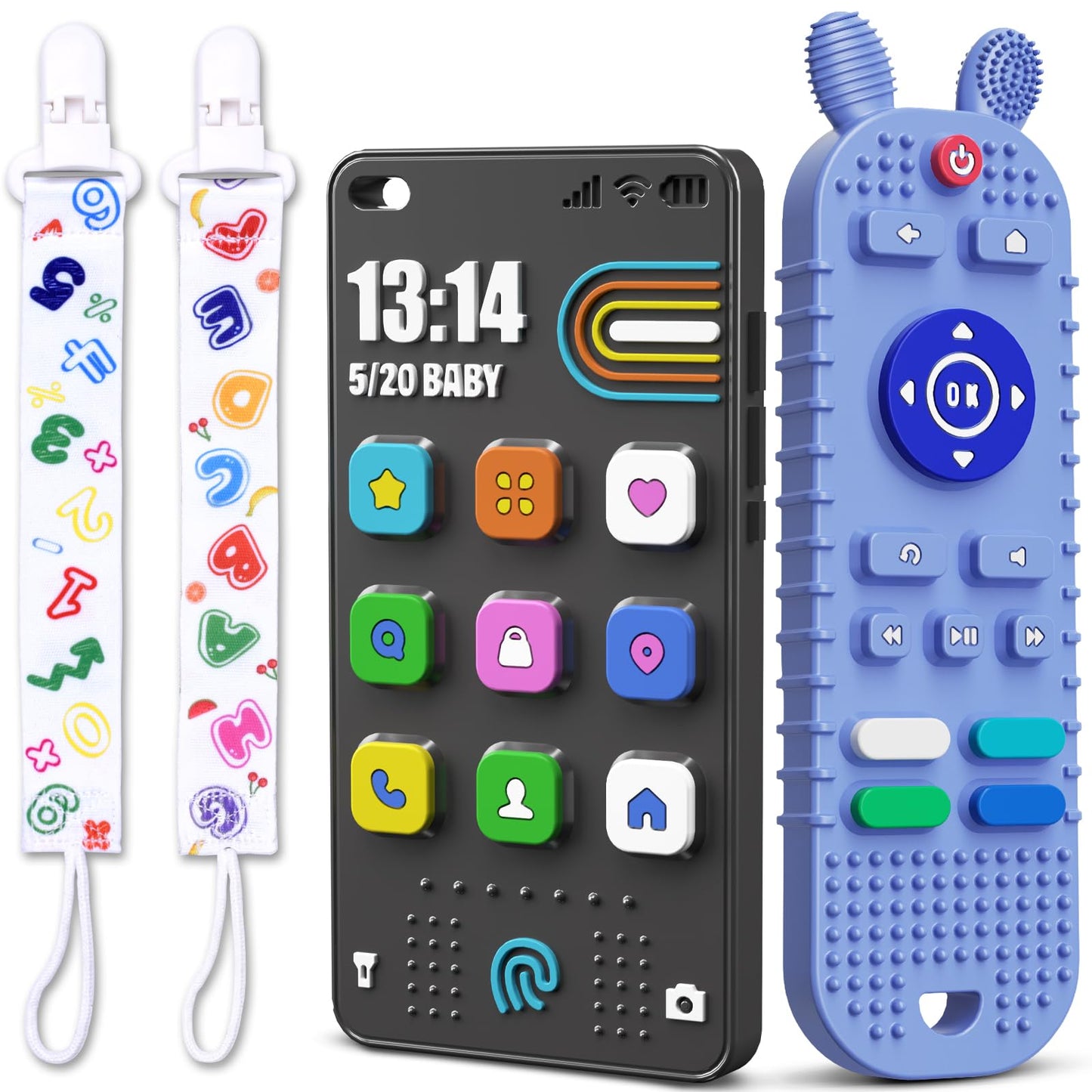 TV Remote Control Shape Baby Teething Toys and Phone Shape Teether Toys for Babies 6-12 Months, Soft Flexible Silicone Chew Toys for Baby - Black