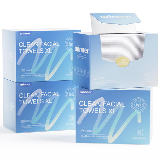 Winner Cotton Face Towels, 100% USDA Biobased Facial Towelettes, Disposable Face Towel XL, Odor-Free, Ultra Soft Makeup Remover Wipes for Sensitive Skin, Biodegradable, 55 Count, 1 Pack