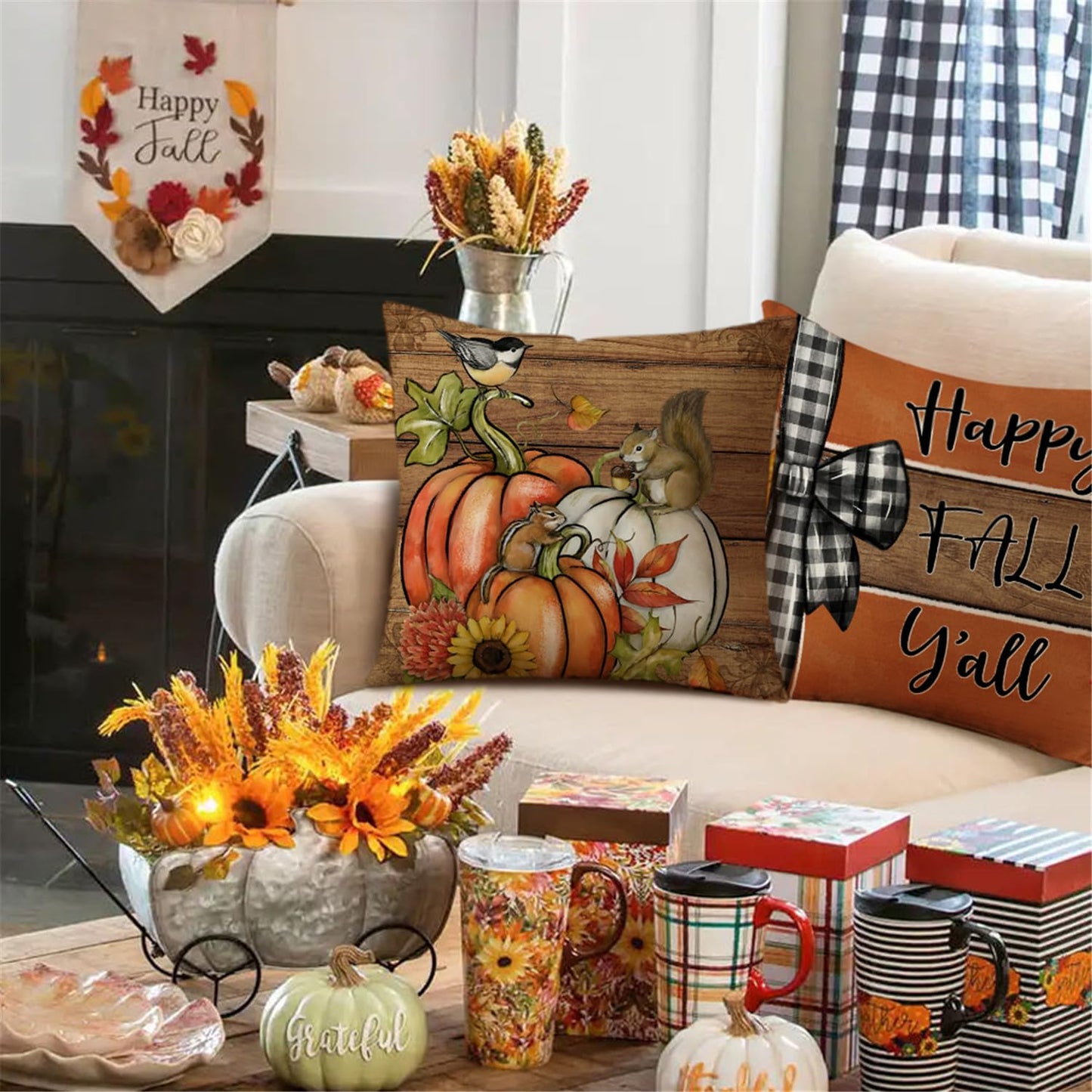 NIGHTWISH Fall Pillow Covers 18x18 Set of 4 Thanksgiving Decorations Squirrel Chestnut Pumpkin Outdoor Fall Decor Throw Pillow Covers Wood Striped Farmhouse Harvest Autumn Cushion Case for Sofa Couch