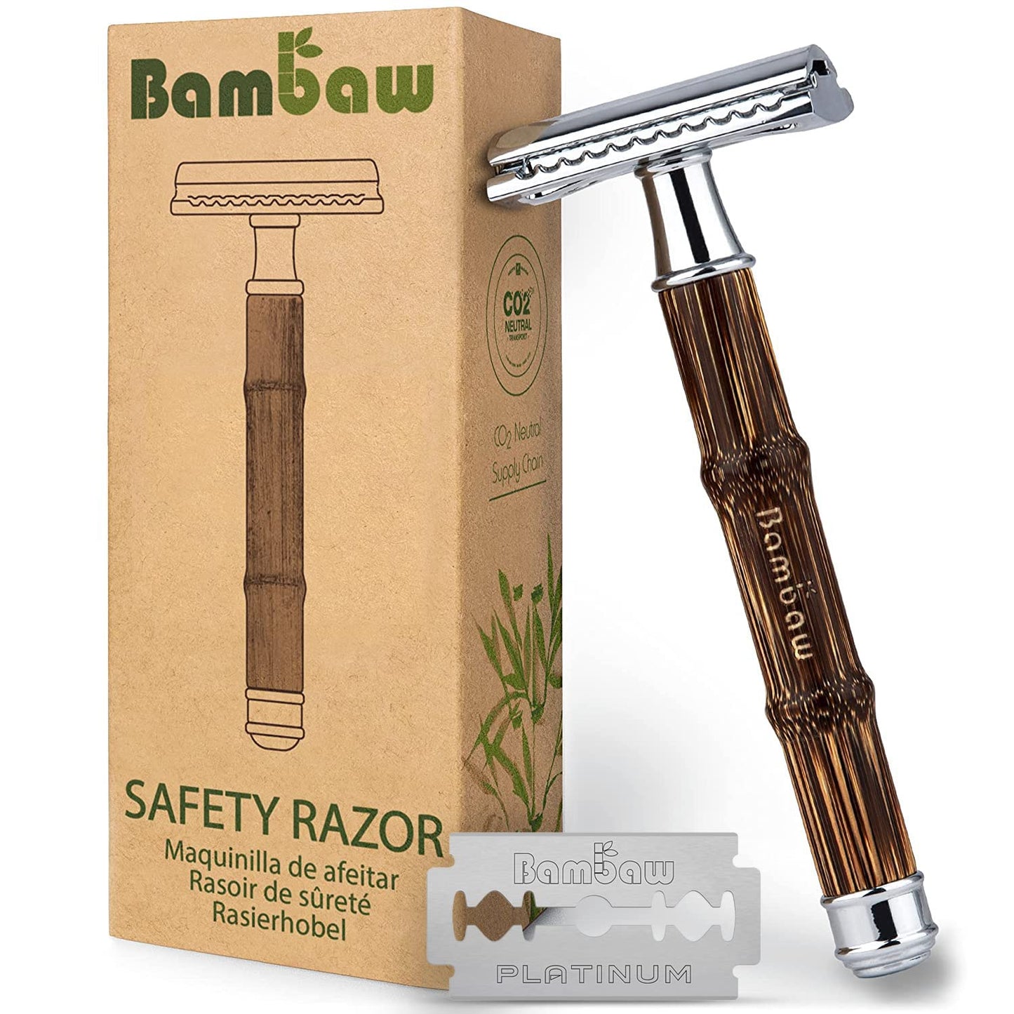 Bambaw Classic Dark Double Edge Safety Razor | Natural Long Bamboo Handle Razor | Reusable Safety Razor For Women & Men | Eco Friendly Safty Razor | Sustainable Eco Razors | Fits All De Razor Blades