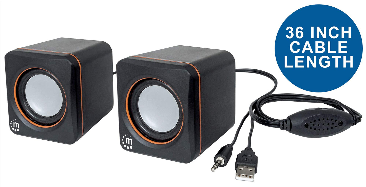 Manhattan USB Powered Stereo Speaker System - Small Size - with Volume Control & 3.5 mm Aux Audio Plug to Connect to Laptop, Notebook, Desktop, Computer - 3 Yr Mfg Warranty - Black Orange, 161435