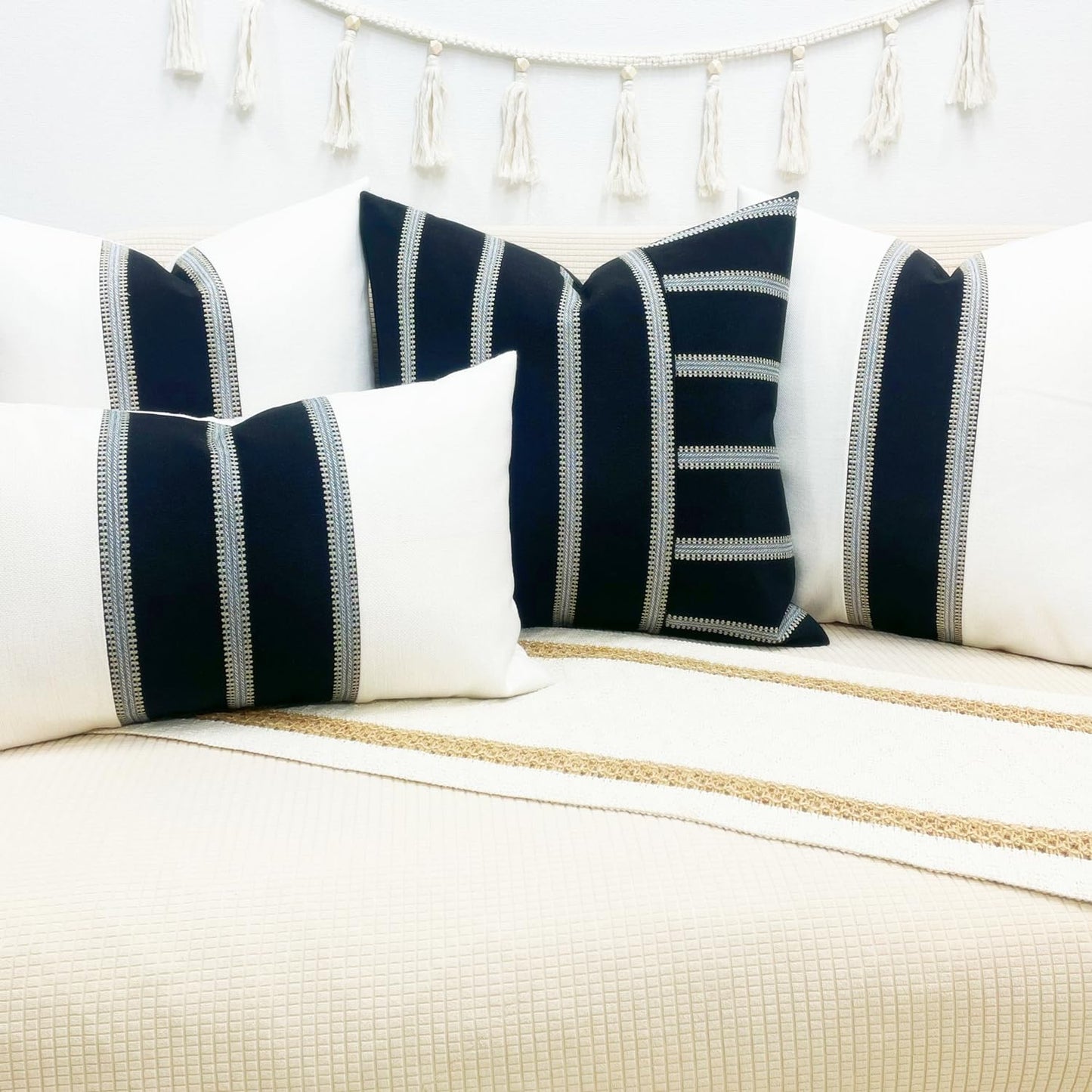 Slow Cow Pack of 2 Linen Off White and Black Patchwork Throw Pillow Covers Decorative Cushion Covers for Couch Sofa Square 18 x 18 Inches