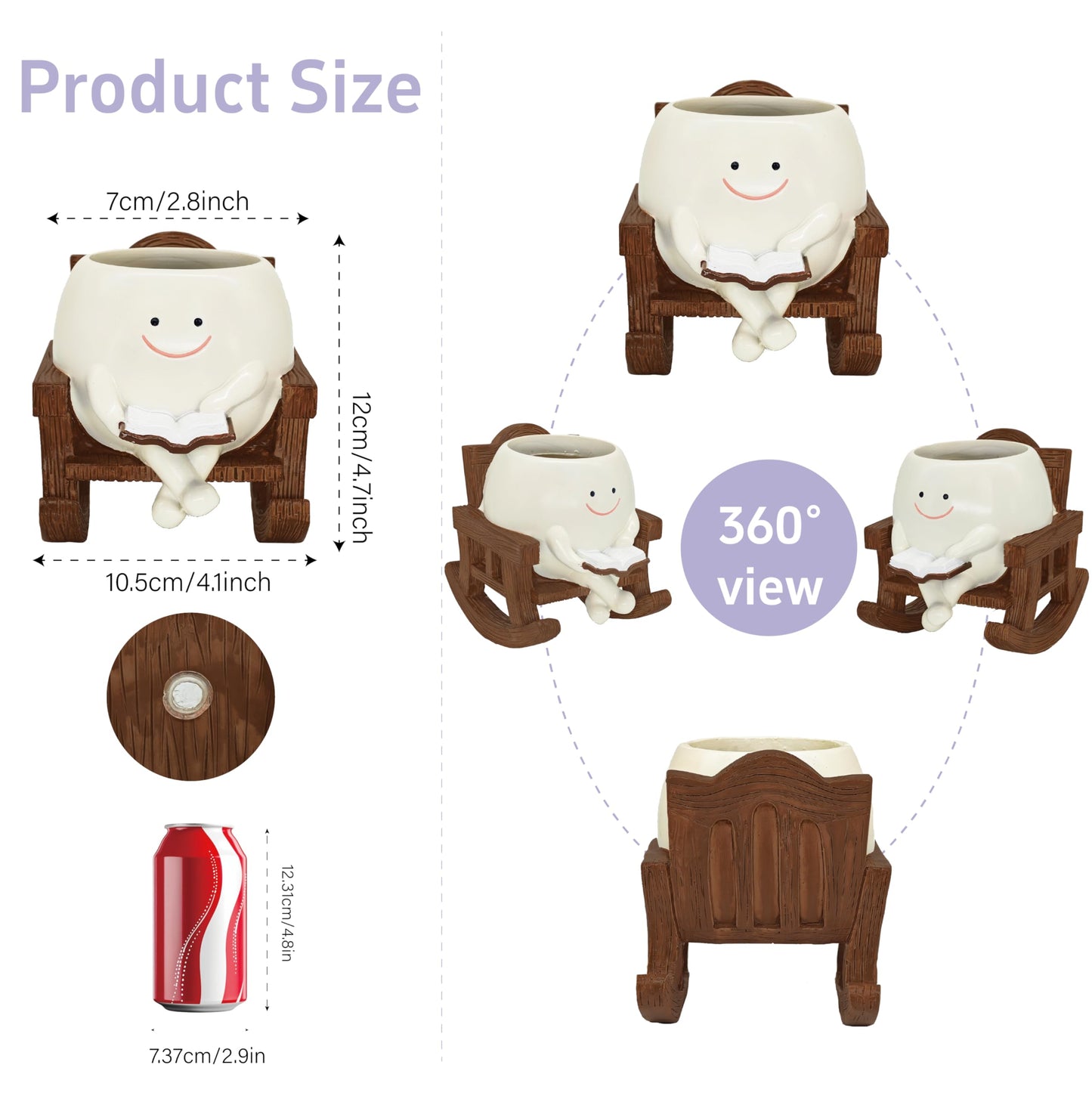 Smiley Face Planter Pot, Cute Plant Pots for Indoor Outdoor, Unique Reading Rocking Chair Plant Pot for Succulents Plants Live with Drainage Hole, Gift Idea for Mother Day and Christmas