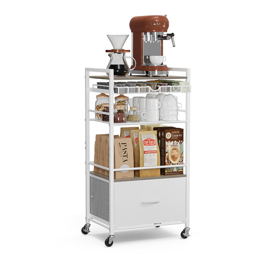 Coffee Bar Cabinet with Storage，5 Tier Coffee Station Table on Wheels, 33.6" H Cart with Drawer for Home Kitchen, Liquor Buffet Sideboard Cabinet (Modern White)