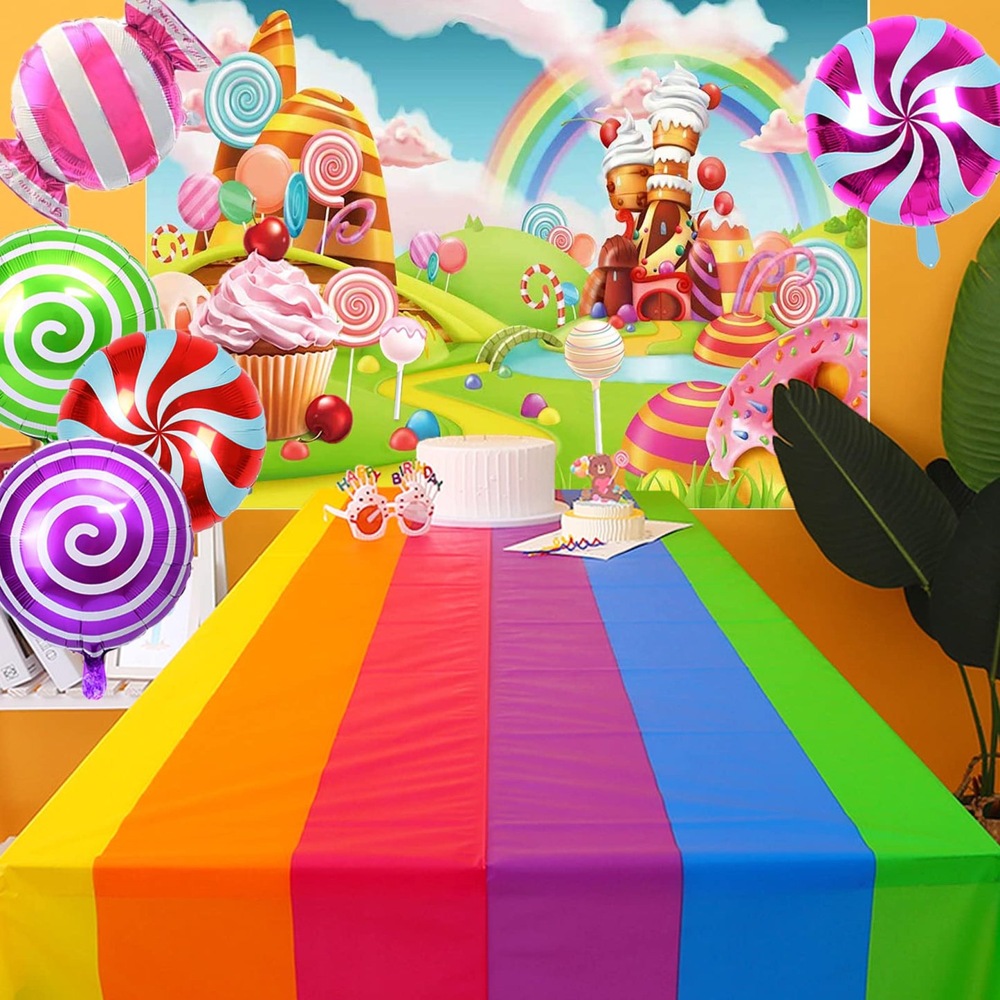 Tsoifu 124Pcs Candyland Party Decorations for Girl Boy Lollipop Birthday Party Supplies Candyland Backdrop and Candy Balloon Garland kit