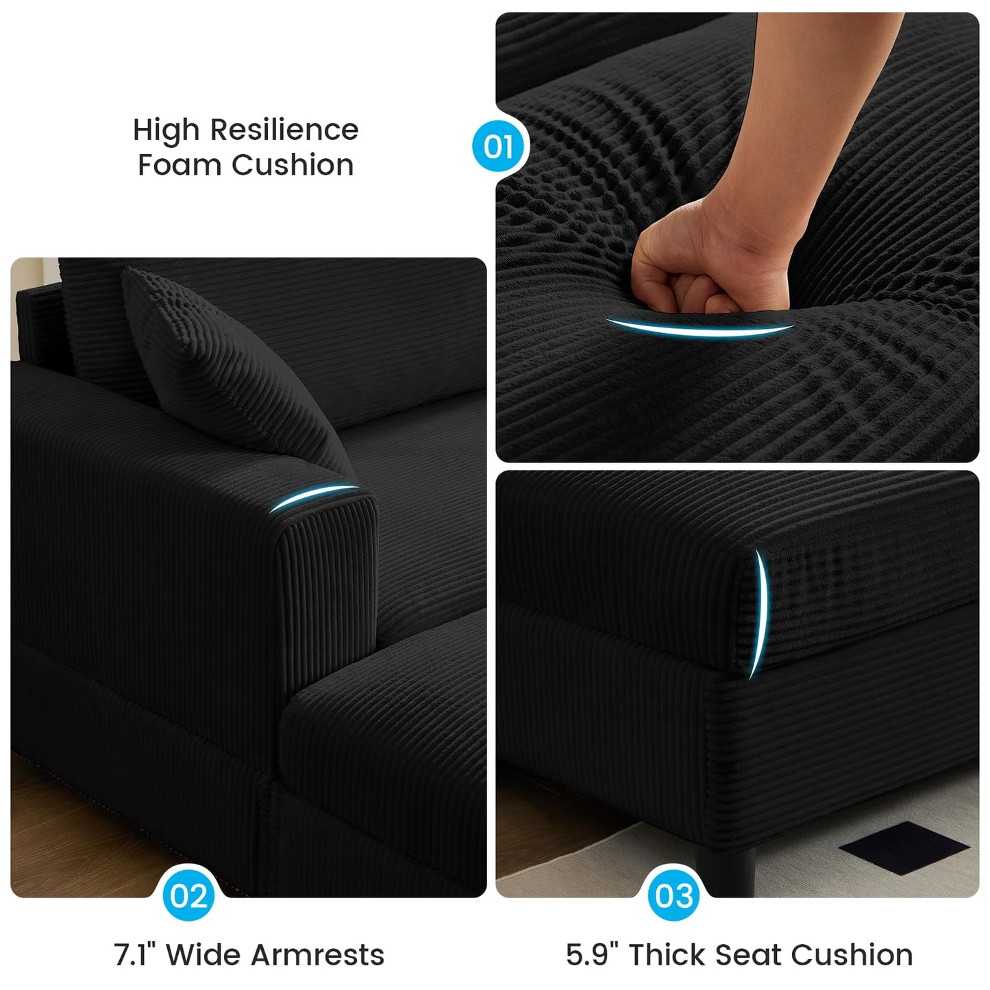 Mjkone Chaise Lounge Chair Indoor, 86 "W Oversized Double Sleeper Sofa with 2 Ottomans, Extra-Large Corduroy Upholstered Modular Sectional Couch Deep Seat for Reading, Living Room, Office, Black