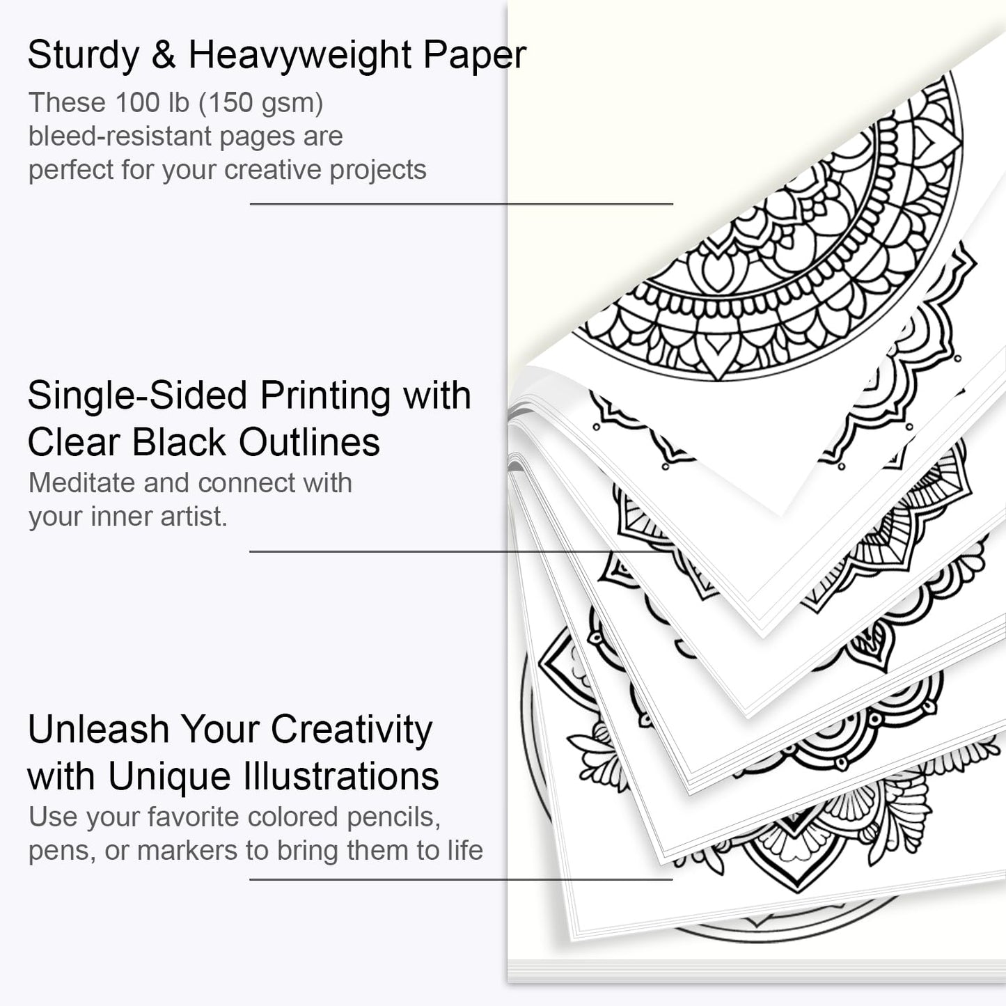 Adult Coloring Book, 72 Sheets Coloring Books for Adults Relaxation, 6.4 x 6.4 Inch, 110lb/150gsm Mandala Designs with Detachable Pages, Art Essentials for Calmness, Self-Reflection.