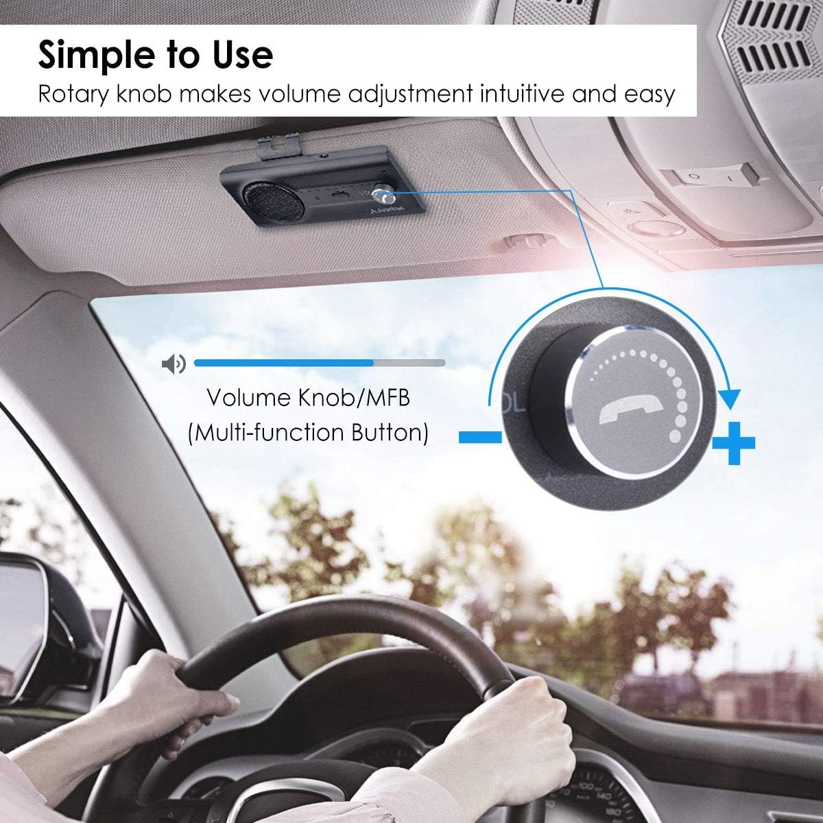 Avantree CK11 Hands Free Bluetooth 5.0 Car Kits, 3W Loud Speakerphone, Support Siri Assistant & Motion Auto On Off, Volume Knob, Wireless in Car Handsfree Speaker with Visor Clip - Titannium