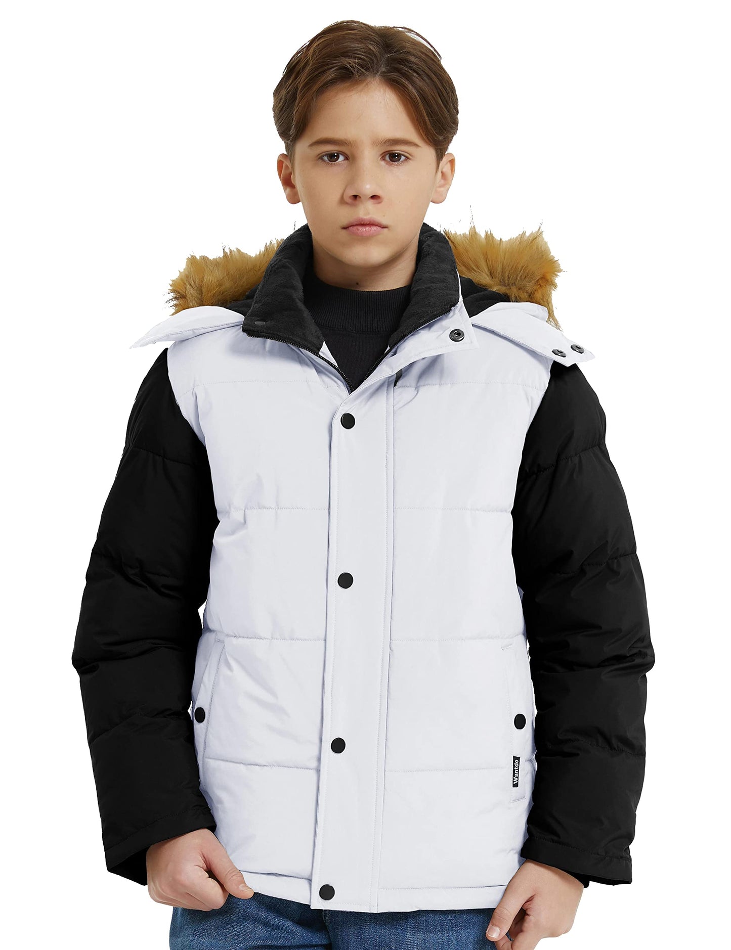 wantdo Boy's Hooded Warm Winter Coat Thick Puffer Jacket Waterproof Outerwear White 6-7