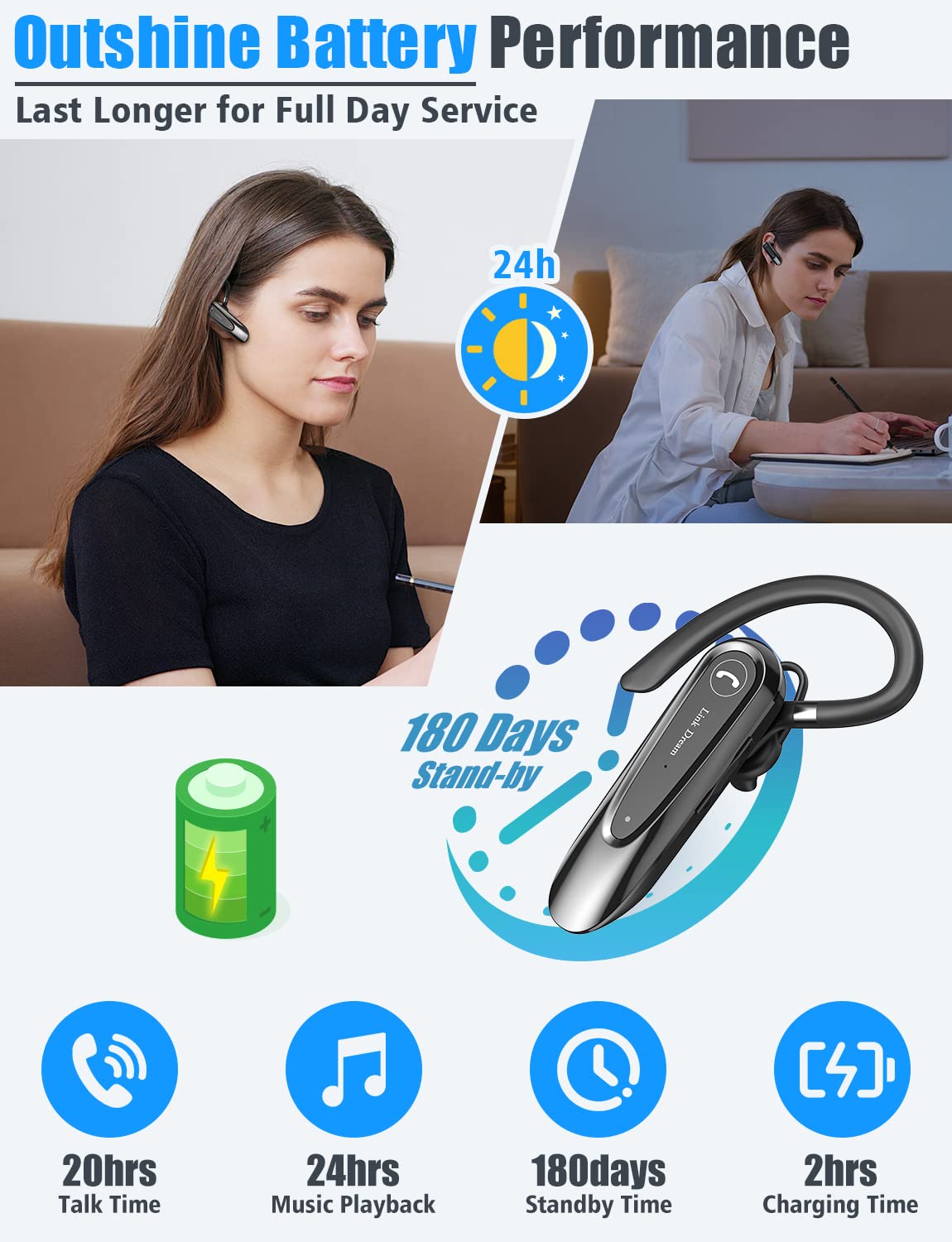 Link Dream Bluetooth Earpiece Wireless CVC8.0 Headset for Cell Phone Dual Mic Noise Canceling Handsfree Phone Earpiece with Mute 20Hrs Talk Time 180 Days Standby for iPhone Android Home Office Driving