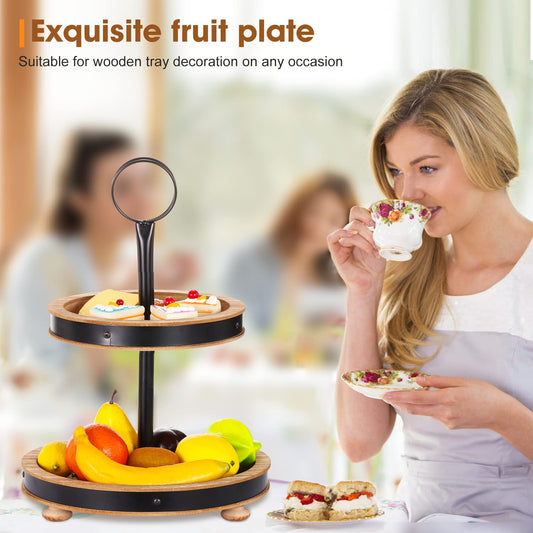 Urban Deco Wood Tiered Tray - 2-Tiered Farmhouse Serving Tray with Metal Handle for Kitchen Counter or Living Room Table