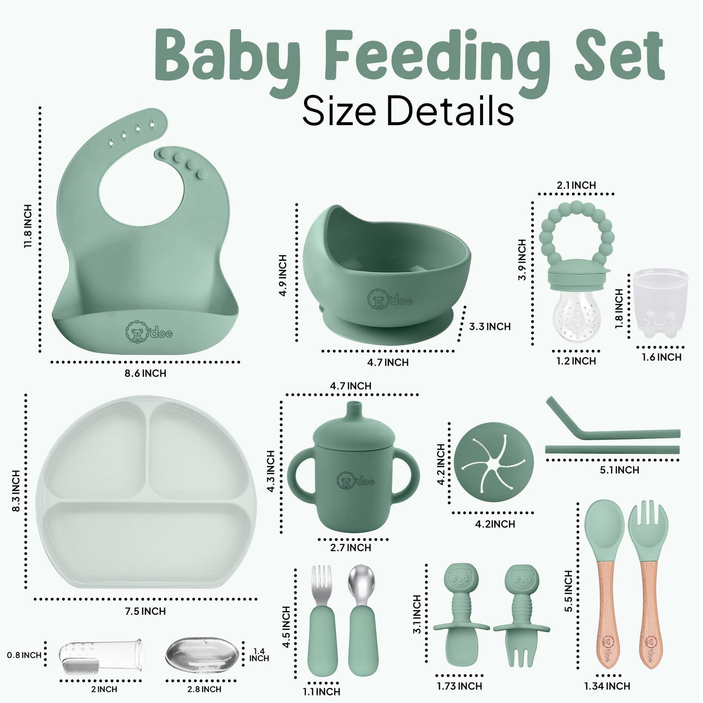 O'doe 17-Piece BPA-Free Silicone Baby Feeding Set | Thick & Soft Suction Plates, Baby Bowls, Wooden Fork & Spoon, and More | Make Mealtime Fun and Easy for Your Little One (Green, V2)