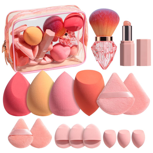 BS-MALL 14 Pcs Portable Makeup Sponge Set With Diamond-shaped Kabuki Powder Brush - Multi-functional Beauty Blender Sponge, Triangle Puff For Liquid, Cream, And Powder In A Clear Travel Case