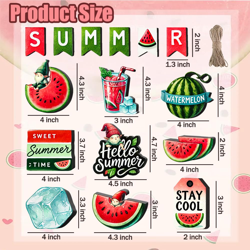 16 Pcs Summer Watermelon Decor - Wooden Farmhouse Tiered Tray Decorations Set, Watermelon Gnome Tiered Tray Decor, Summer Decorations for Home, Room, Table, Party, Kitchen, Office