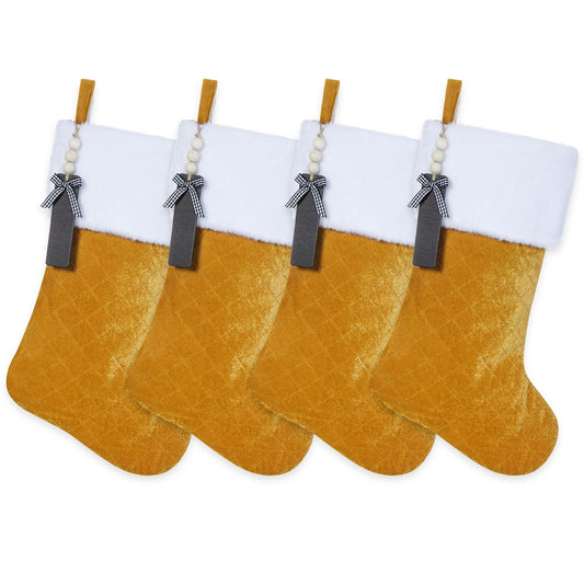 Shgngle Gold Velvet Quilted Personalized Christmas Stocking,19.5 Inch Fireplace Hanging Stockings with Blank Wooden Tags DIY Name,Family Holiday Decorations and Xmas Gift(Gold 4Pcs)
