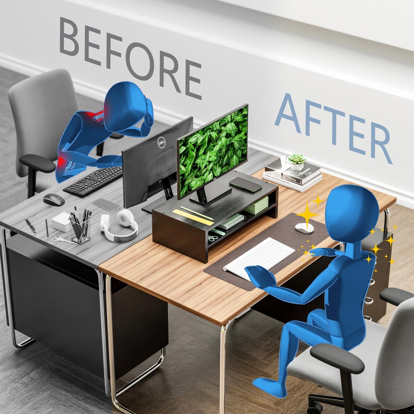 Simpple Trending Monitor Stand Riser, 2 Tier Wood Office Desk Storage Organizer for Laptop, Computer, Black