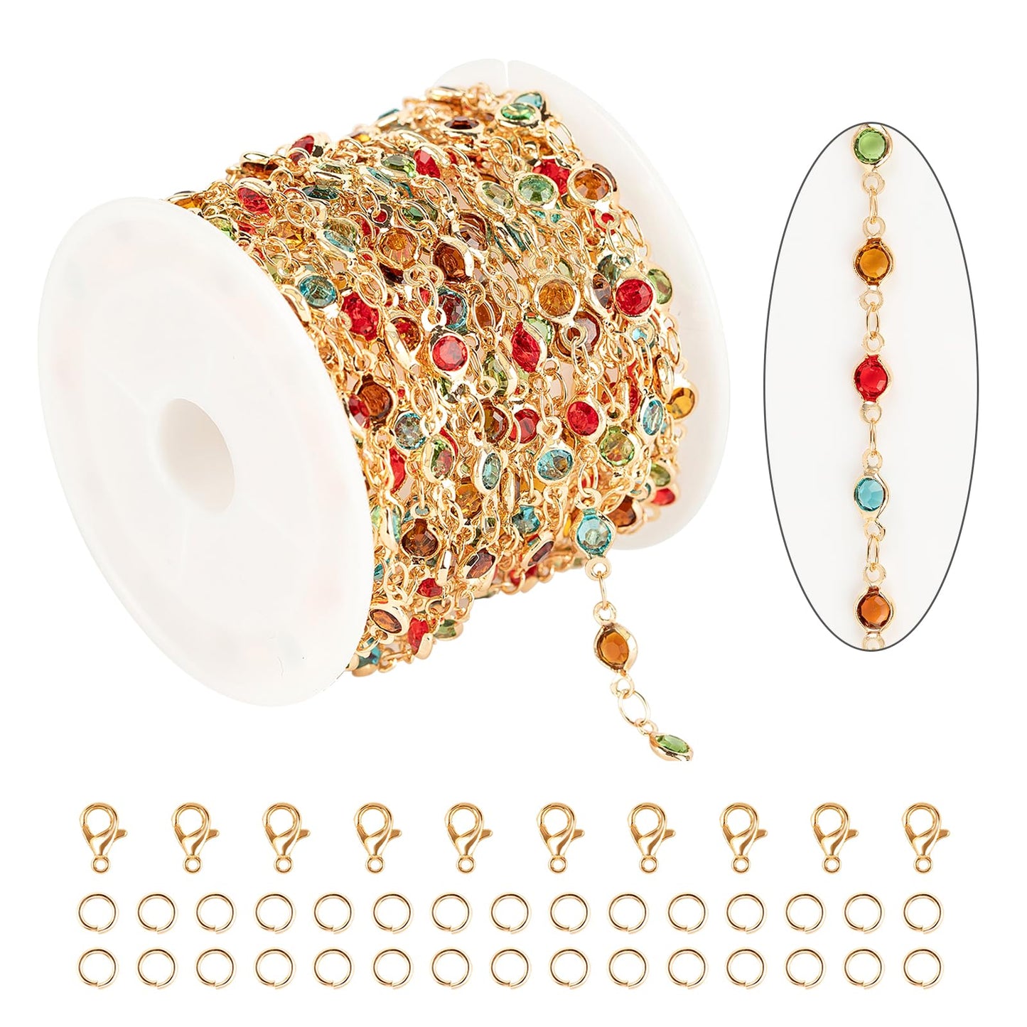 KYUNHOO 3 Meters Pearl Chains for Jewelry Making, Mixed Color Rhinestone Beaded Chains Bulk with Jump Rings and Lobster Clasps for Crafts DIY Supply Findings