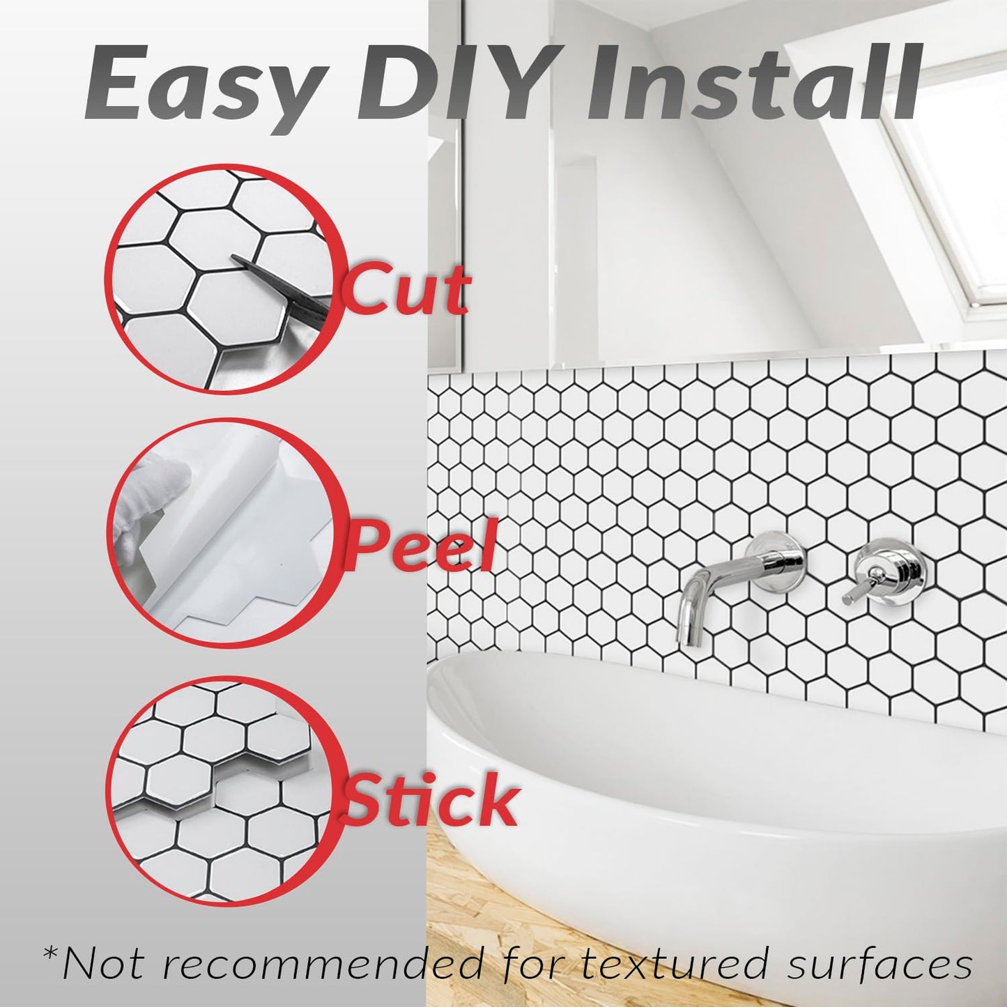 DÉCOR WOW Peel & Stick Backsplash for Kitchen & Bathroom, (8) 12x12-inch Sheets Covers 8 Sq. Ft, White Hexagon