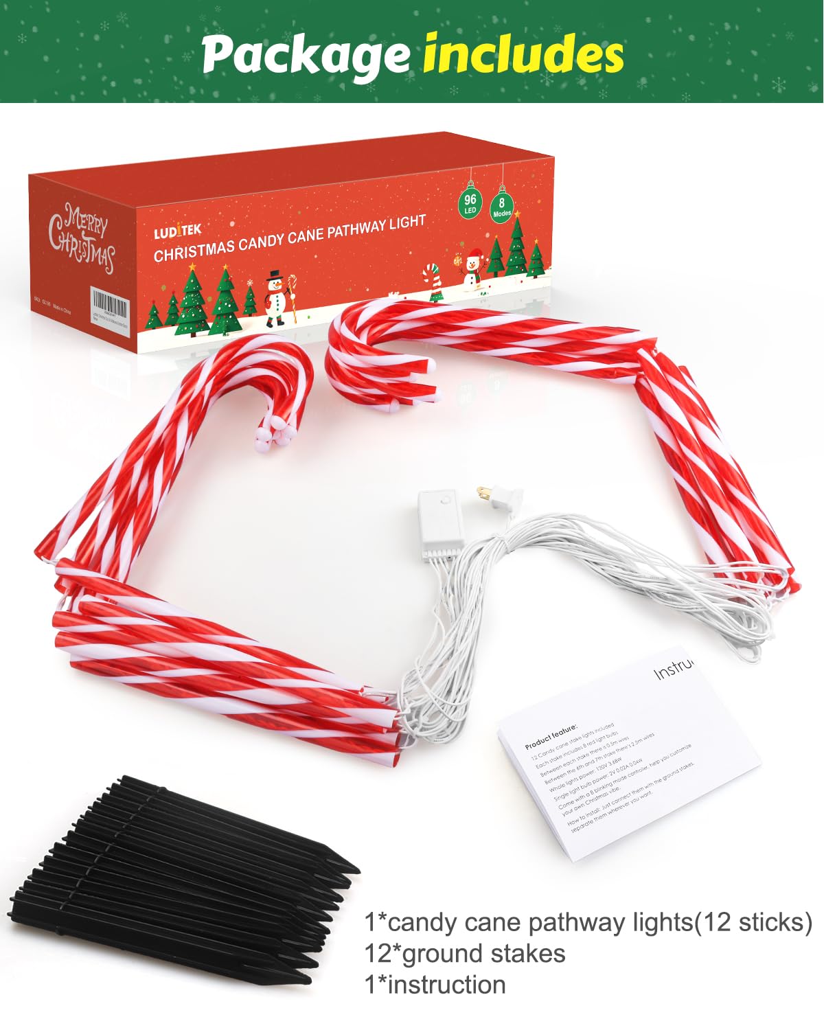 Luditek 24" Christmas Candy Cane Lights Outdoor Pathway - 8 Blinking Modes - Set of 12 Christmas Outdoor Outside Decorations Lights Indoor Holiday Xmas Yard Patio Walkway Garden Decor