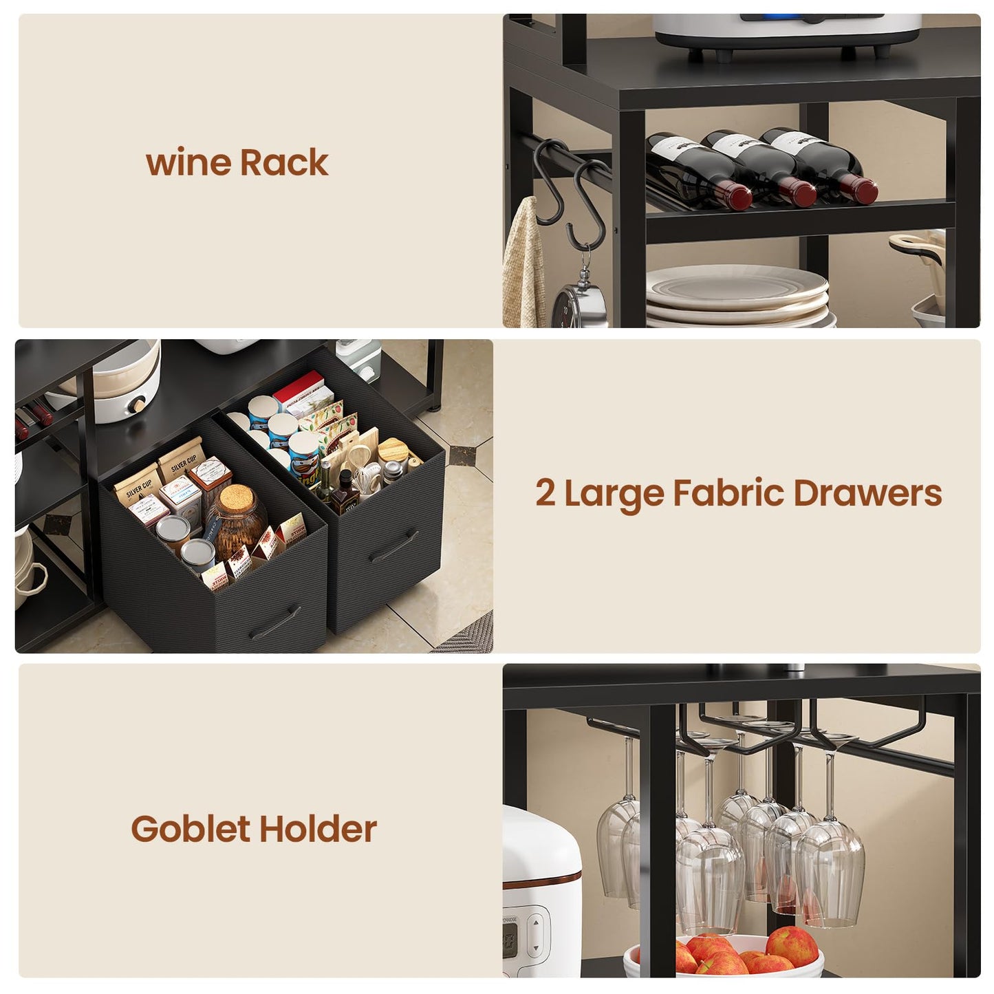 Itaar 47.2 Inch Coffee Bar Cabinet with Power Outlet, Farmhouse Bakers Rack with Storage, Kitchen Microwave Stand with Wine Rack, LED Light, Glass Cabinet, Goblet Holder and 12 Hooks (Black)