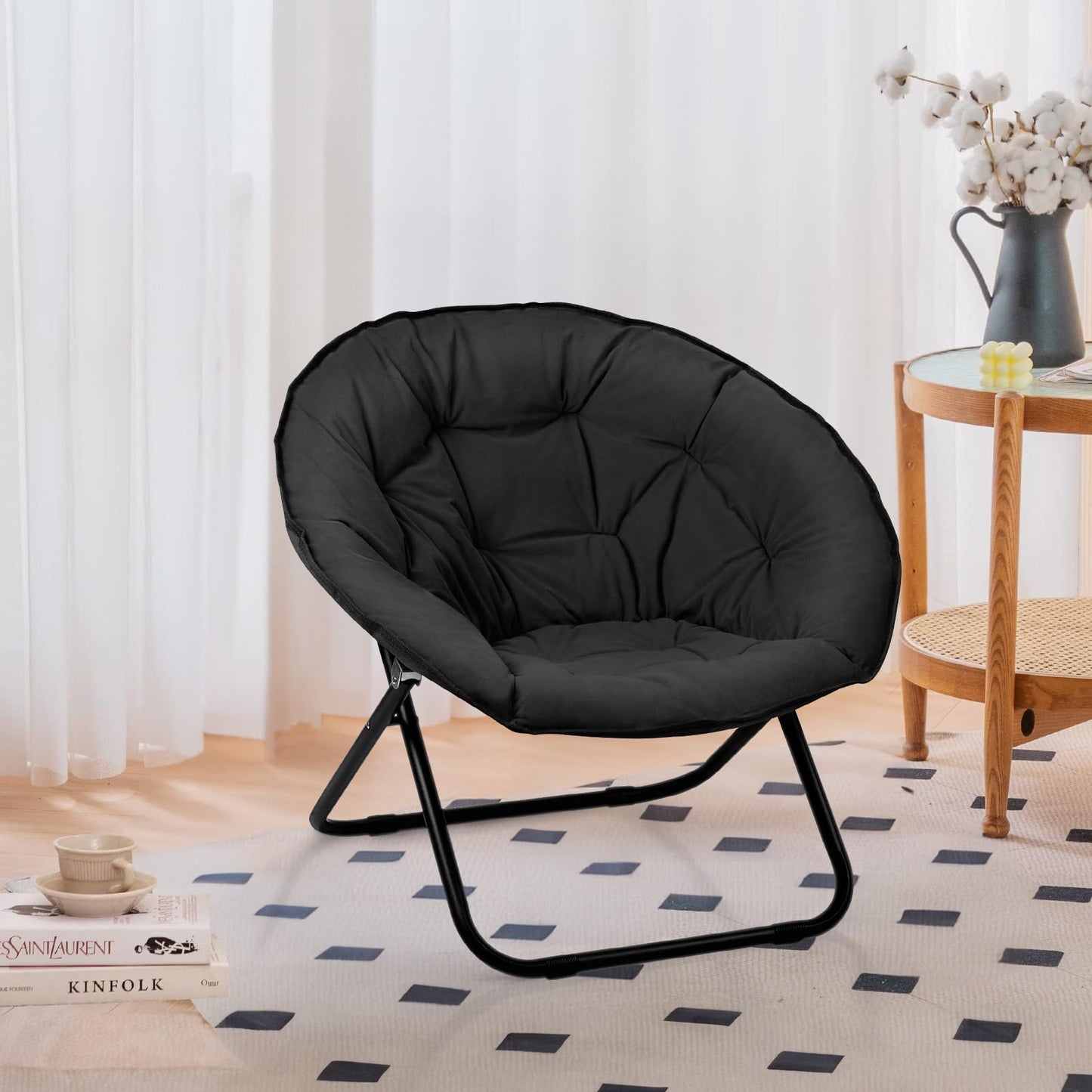 Folding Faux Fur Saucer Chair,Portable Folding Soft Moon Chair for Bedroom, Dorm Rooms, Apartments, Lounging, Garden and Courtyard, Black