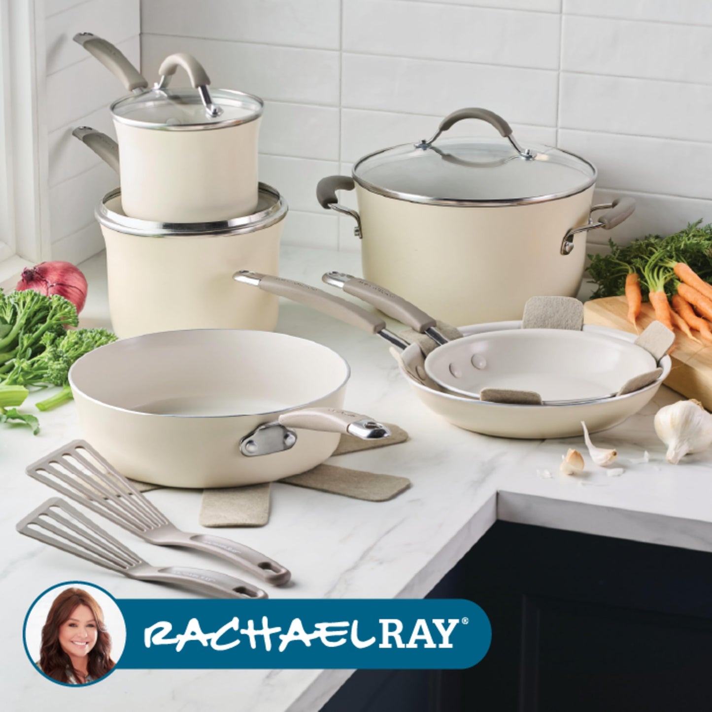 Rachael Ray Cucina Ceramic Nonstick Pots and Pans Set with Saucepans, Saute, Frying Pans, Stockpot, Lids, Pan Protectors, and Cooking Utensils, 13 Piece Non Stick Cookware Set - Almond