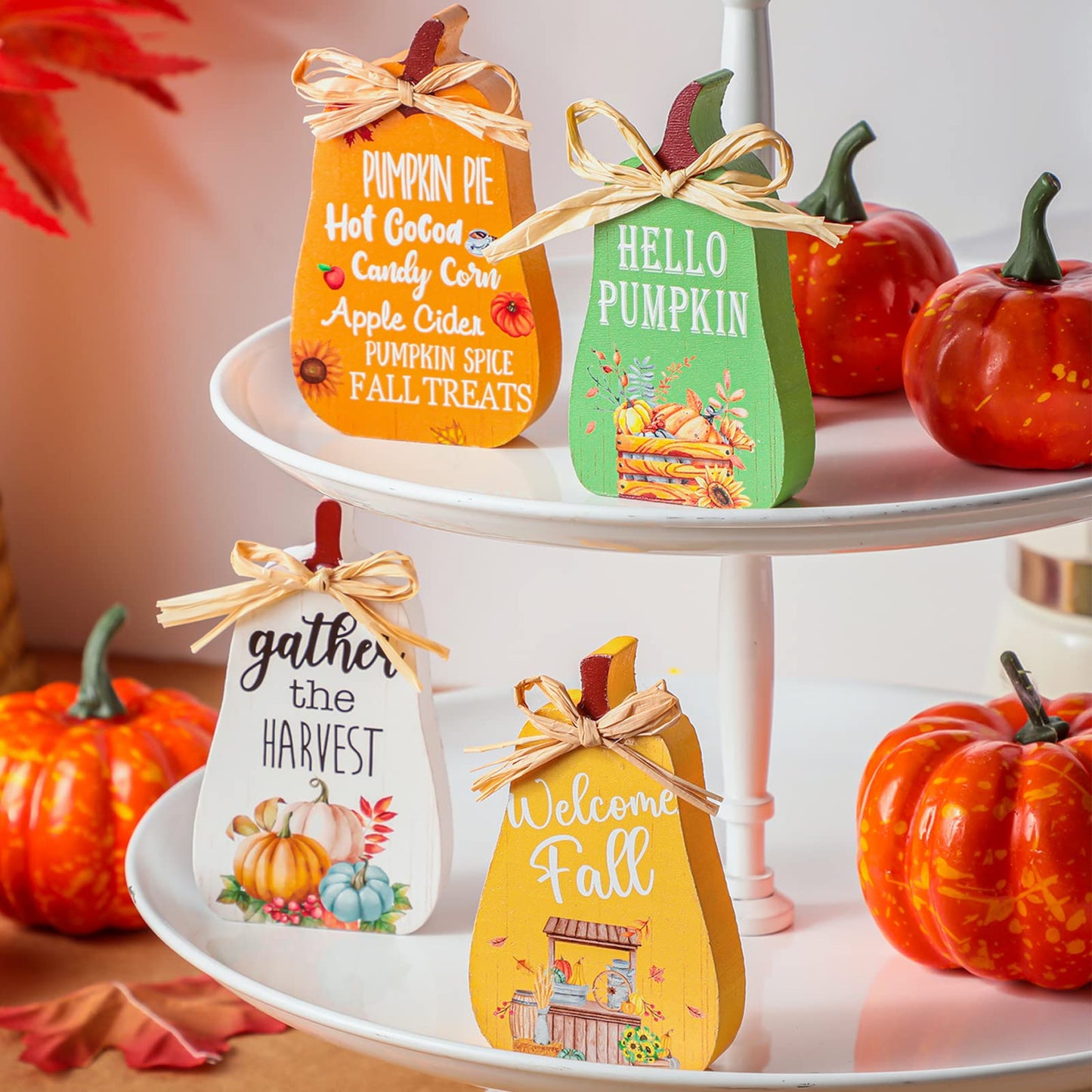 4 Pieces Fall Decorations Mini Tiered Tray Decor Thanksgiving Pumpkins Table Centerpiece Welcome Tabletop Sign Rustic Wood Kitchen Signs for Home Autumn