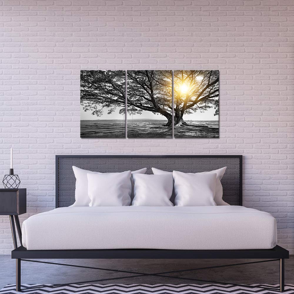 Biuteawal 3 Piece Wall Art Black White Tree at Warm Sunrise Landscape Picture Photo Canvas Prints Nature Tree of Life Painting for Home Office Living Room Decor Stretched and Framed Ready to Hang