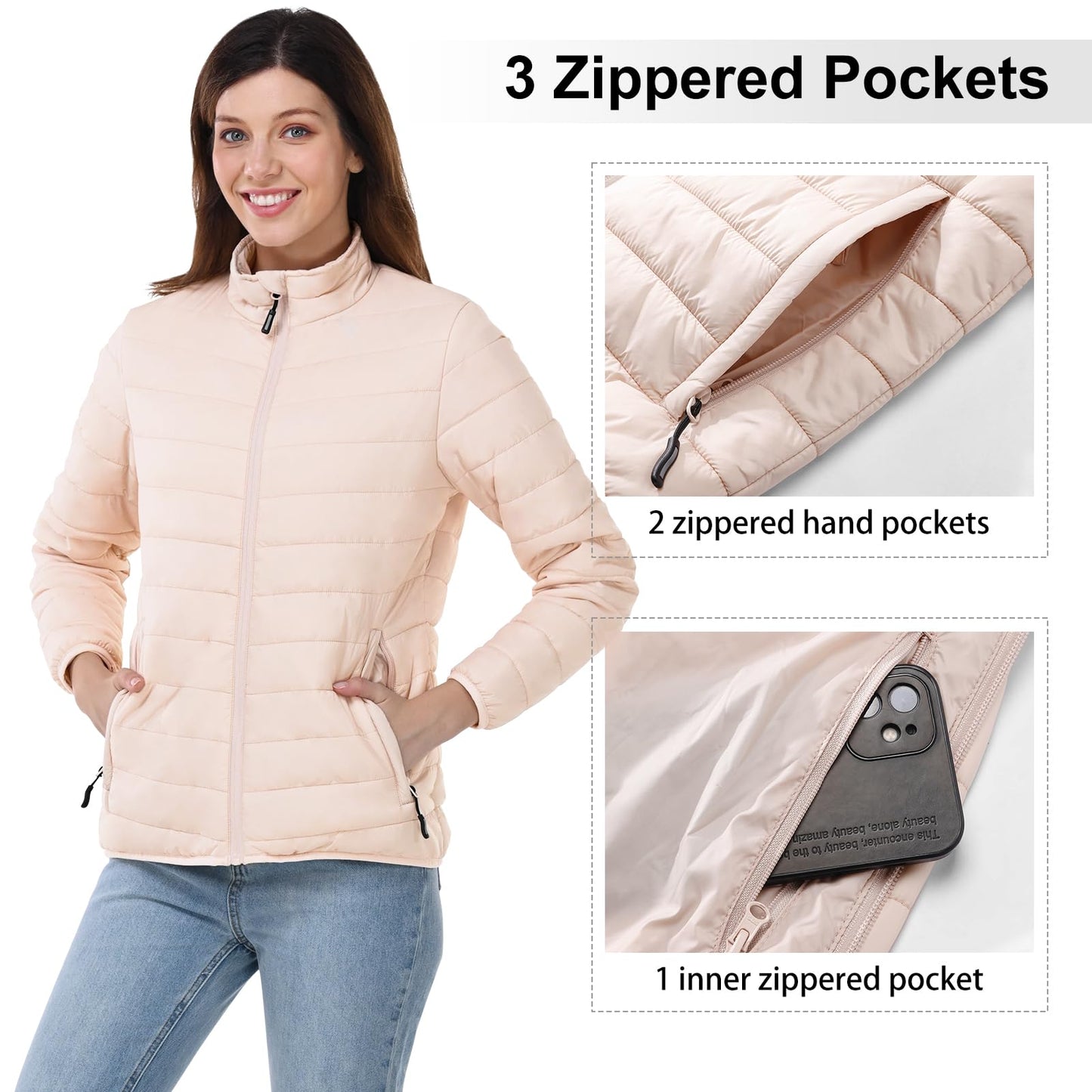 Outdoor Ventures Women's Packable Full-Zip Short Puffer Jacket Insulated Quilted Warm Lightweight Winter Coat