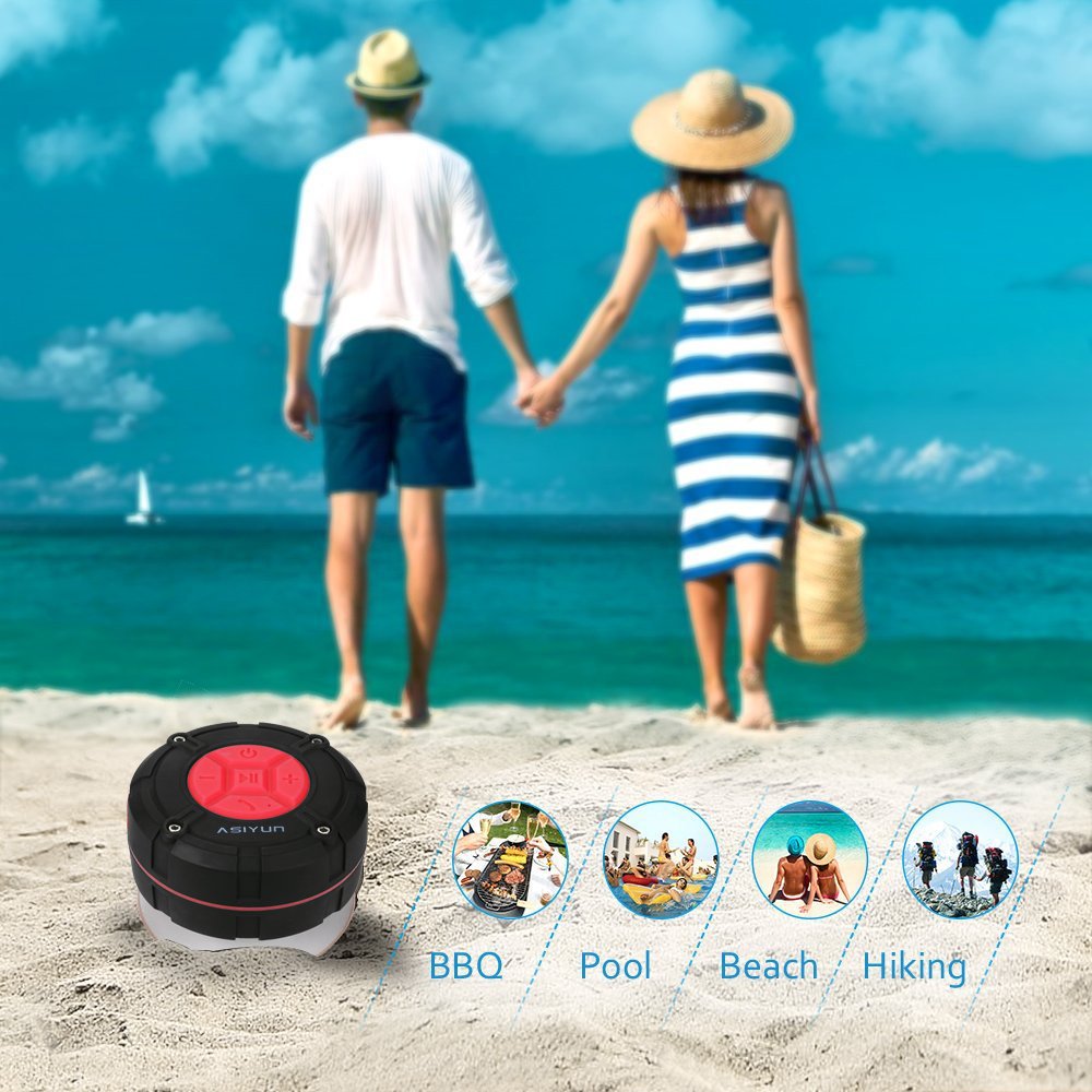 ASIYUN Shower Speaker, IPX7 Waterproof Bluetooth Speaker with HD Bass, Suction Cup & Durable Hook, Built-in Mic for Hands-Free Calls, Pool, Beach, Outdoor(Red)